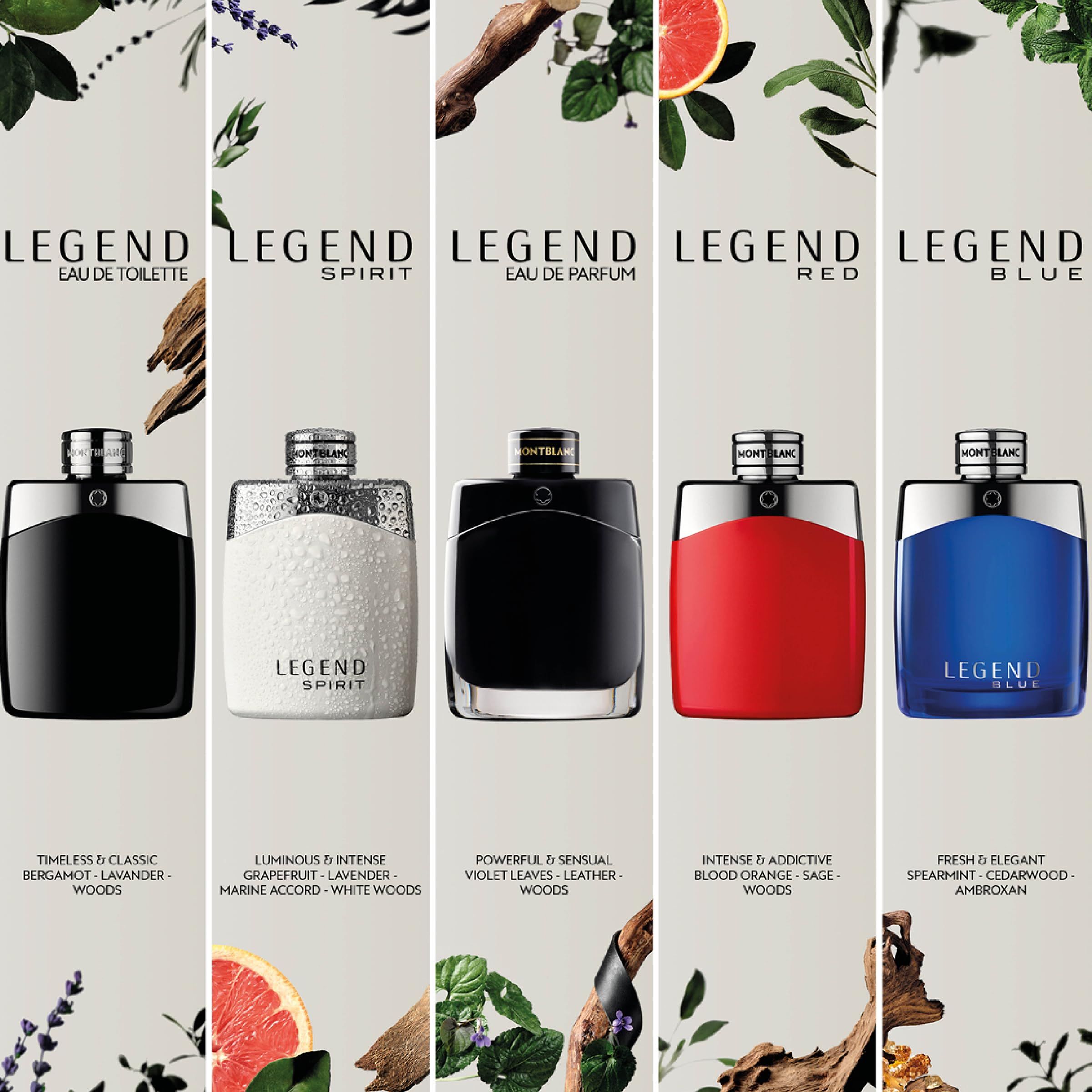 Fünf Flakons. Legend Eau de Toilette, Spirit, Eau de Parfum, Red und Blue. Verschiedene Farben.