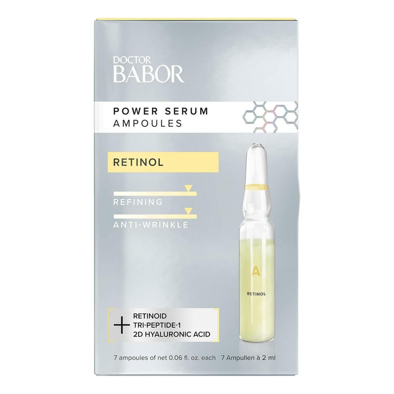 Verpackung von Doctor Babor Power Serum Ampullen Retinol. Enthält 7 Ampullen. Produktname und Inhaltsstoffe sind aufgedruckt.