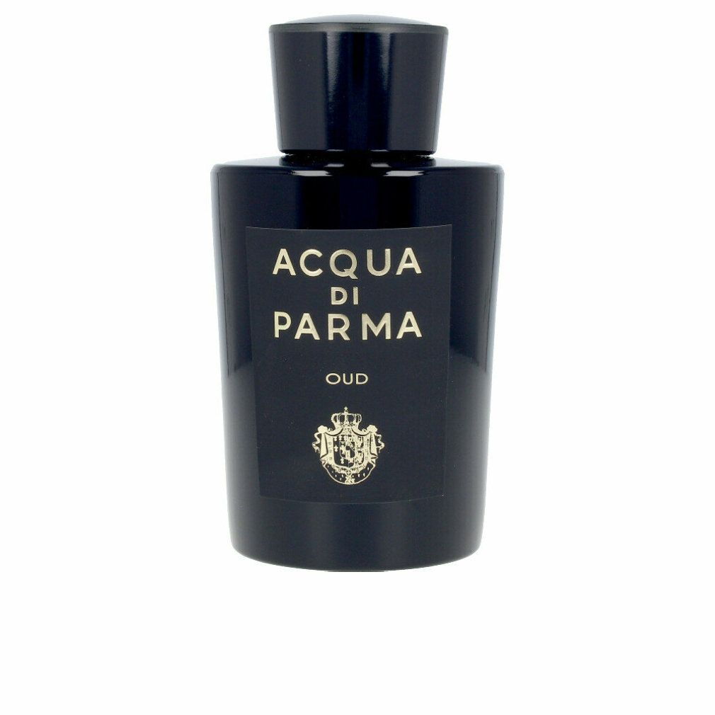 Schwarze Flasche mit goldfarbenem Etikett. Aufschrift: Acqua Di Parma Oud. Mit schwarzem Verschluss.