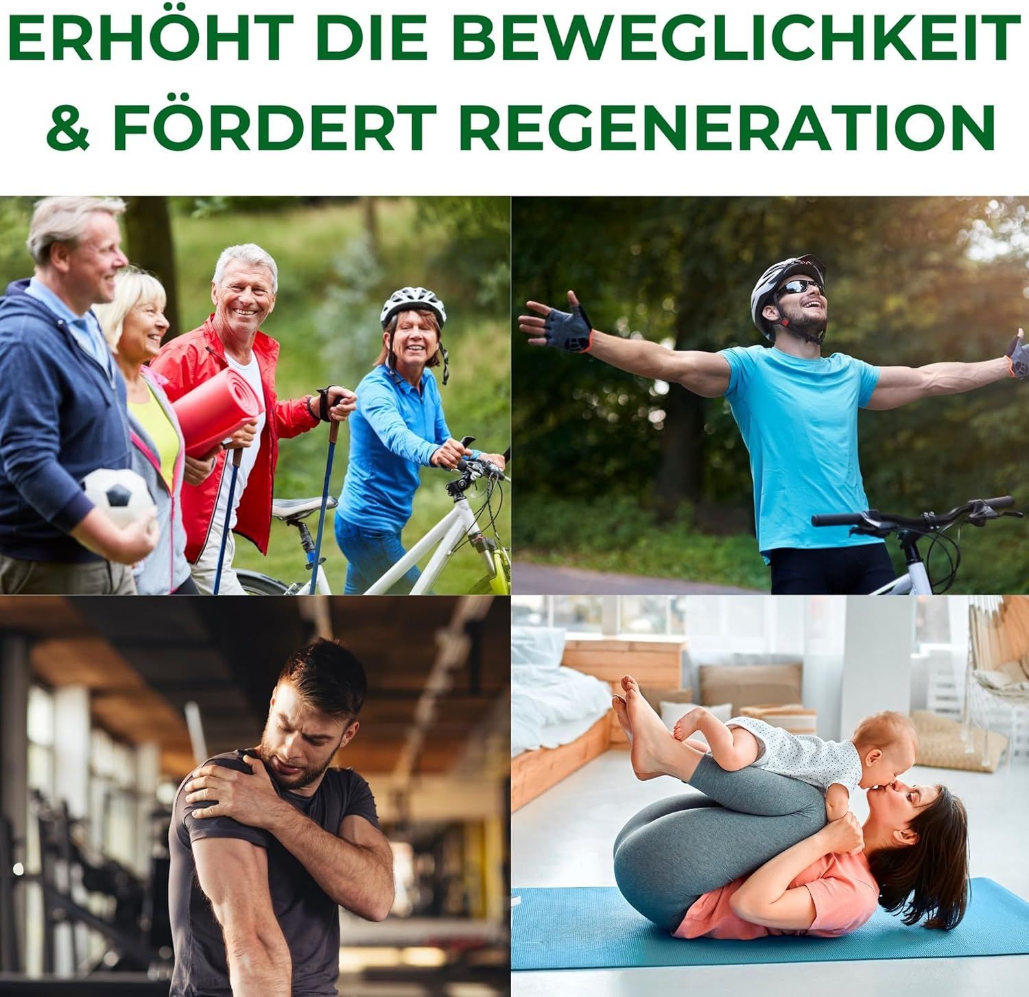 Bilder von Menschen in Bewegung: Radfahren, Dehnen, Gymnastik, Baby mit Mutter. Fördert Beweglichkeit und Regeneration.
