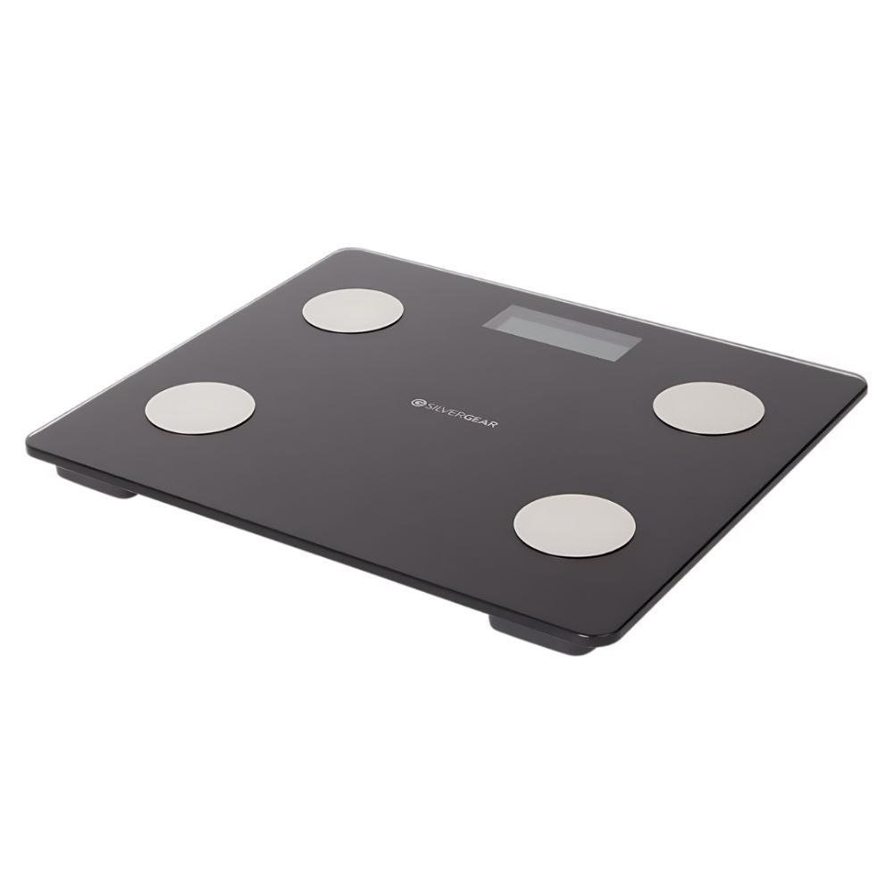 Schwarze Waage mit vier silbernen Elektroden. Digitalanzeige. Logo Silvergear.