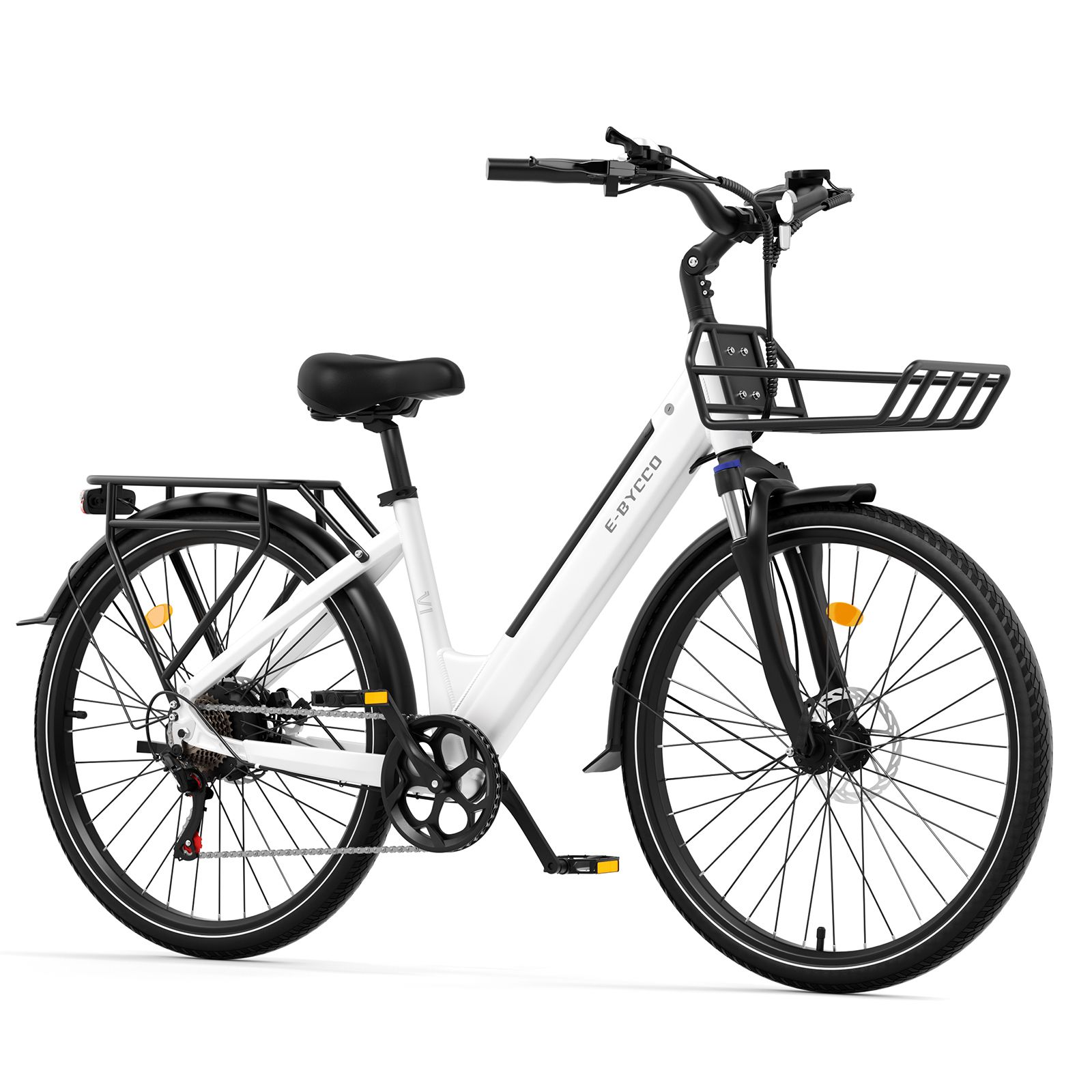 Weißes E-Bike mit Korb und Gepäckträger. Schwarze Reifen und Details. E·Bycco Logo am Rahmen.