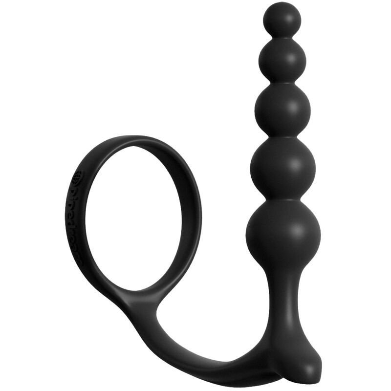 Schwarzes Analperlenspiel mit Cockring-Design. Besteht aus mehreren Kugeln und einem Ring. Aus Silikon.