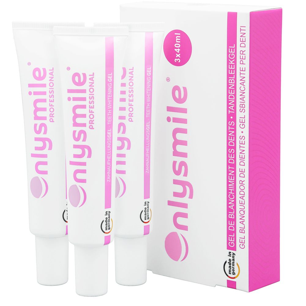 Tubes de gel blanchissant et emballage. OnlySmile Professional. 3x40ml. Fabriqué en Allemagne.