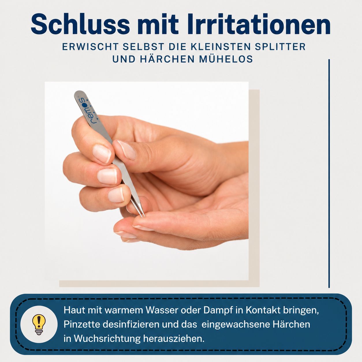 Hand hält eine REMOS Splitterpinzette, die präzise auf einen Splitter abzielt.