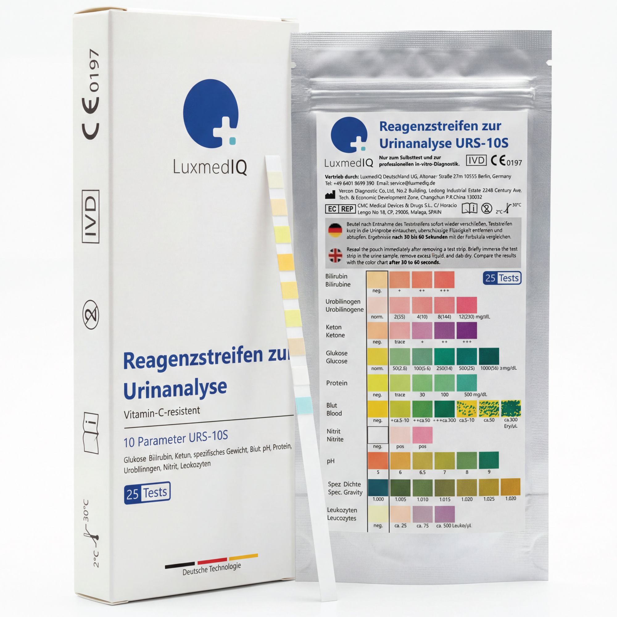 Produktverpackung und Teststreifen. Text: Reagenzstreifen zur Urinanalyse, 10 Parameter, 25 Tests. Box und Beutel mit Teststreifen.