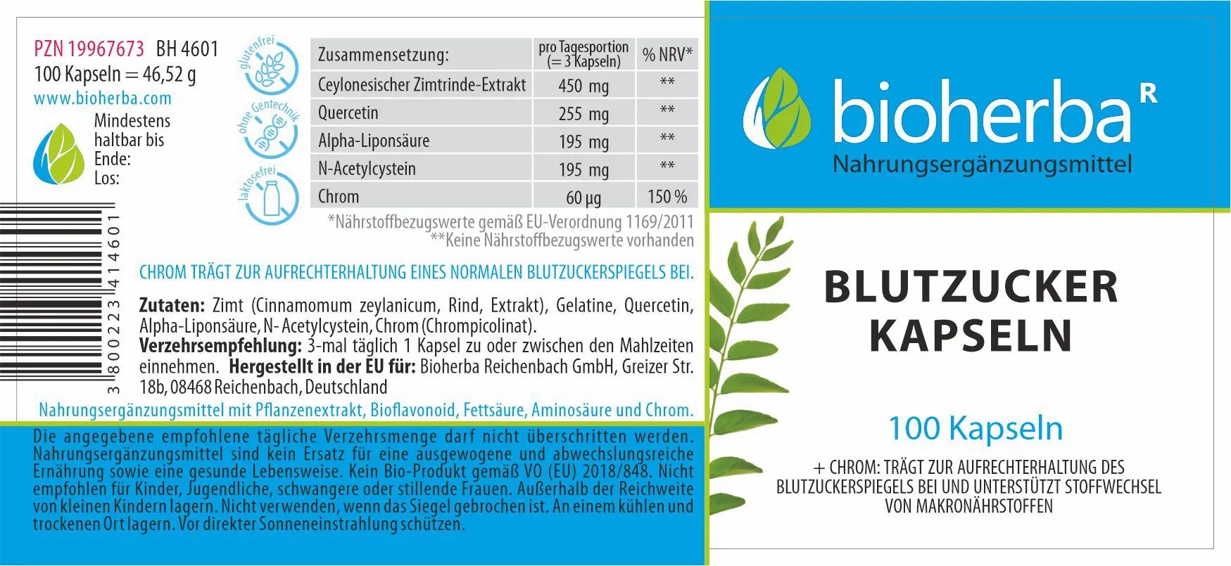 Etikett mit "Bioherba"-Logo und "Blutzucker Kapseln". Enthält Informationen zu Inhaltsstoffen und Nährwerten. 100 Kapseln.