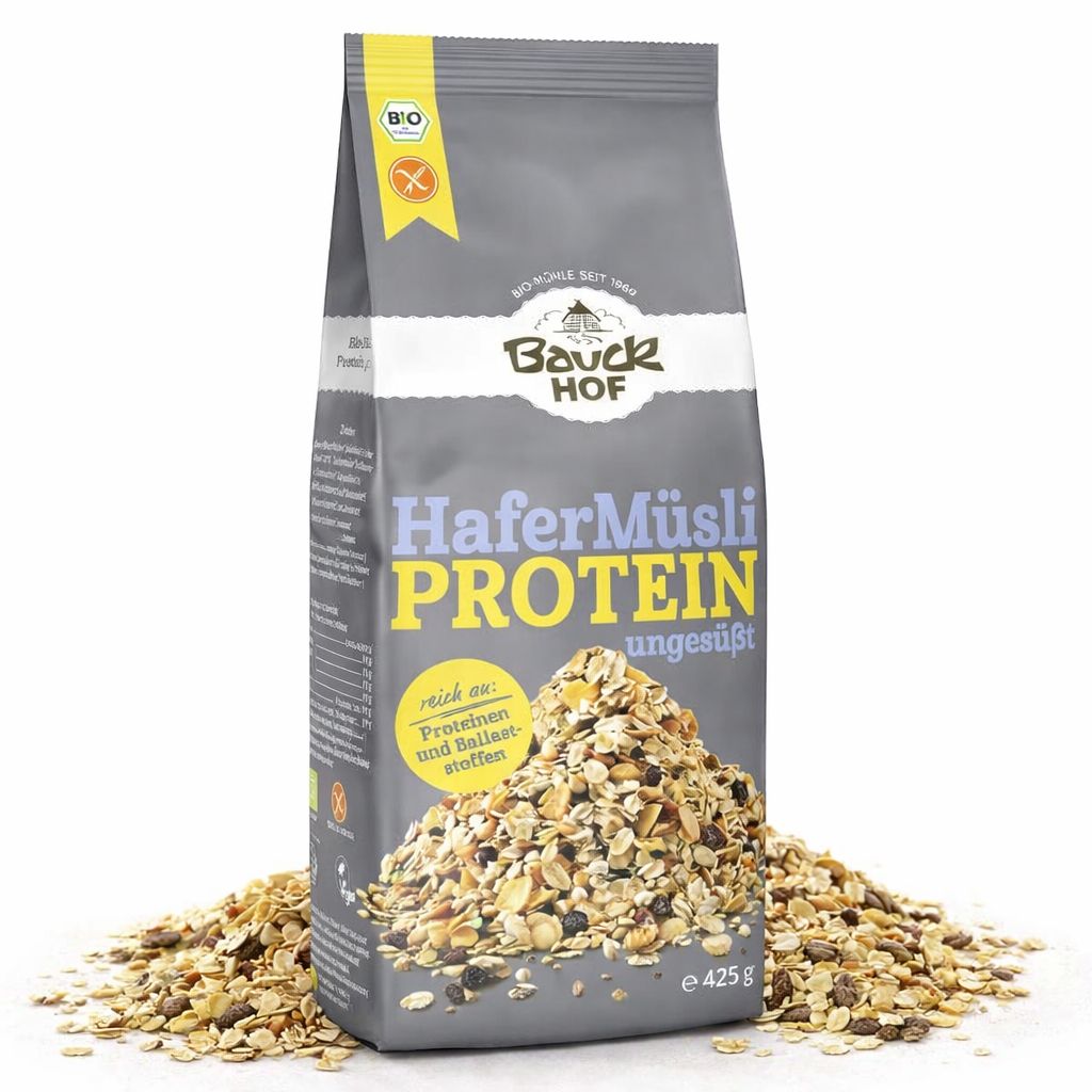 Bauckhof Haferflocken Protein Sport Müsli, glutenfrei, 425g Packung, mit Müsli-Haufen.