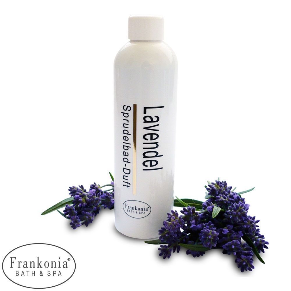 Flacon blanc de Frankonia Bath & Spa Bain Moussant Concentré de Parfum Lavande 2. Le flacon porte les inscriptions "Lavendel" et "Sprudelbad-Duft". Des fleurs de lavande entourent le flacon.