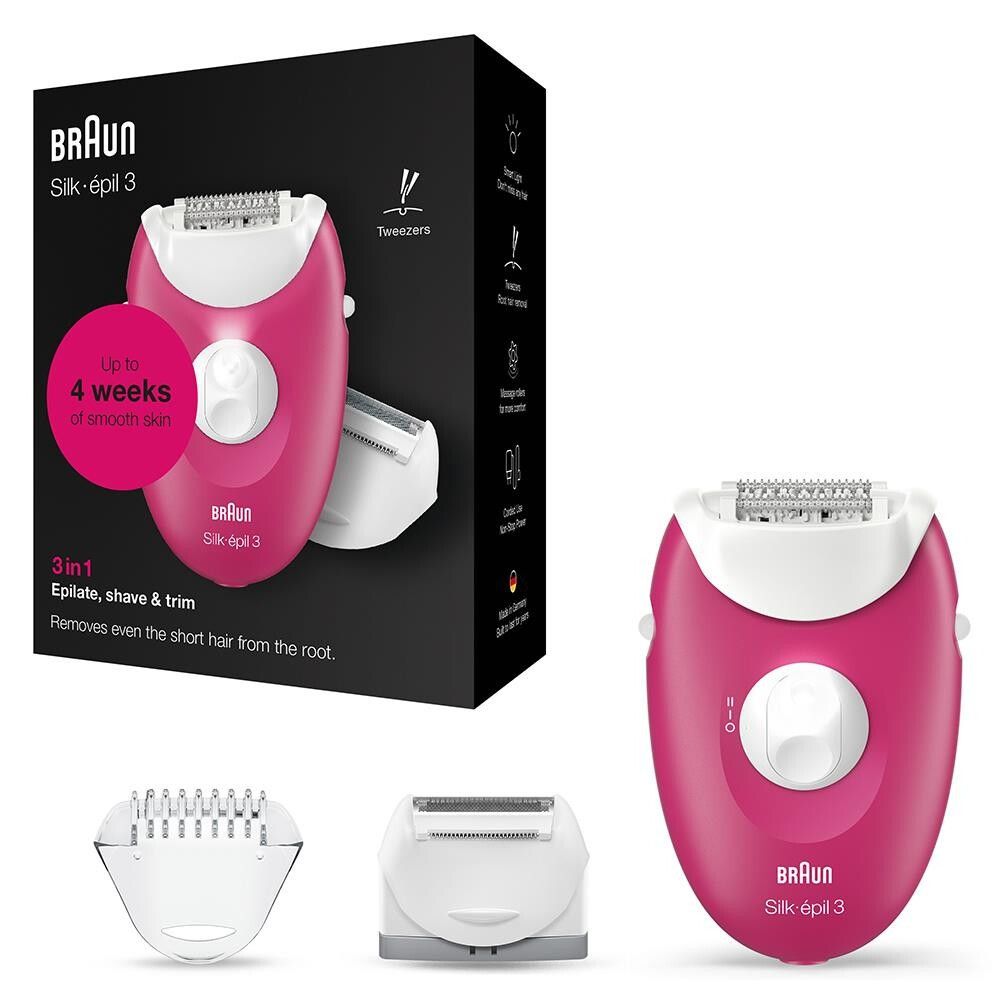 Produktverpackung und Epilierer. Rosa Gerät, weißer Kopf. Marke: Braun Silk-épil 3.