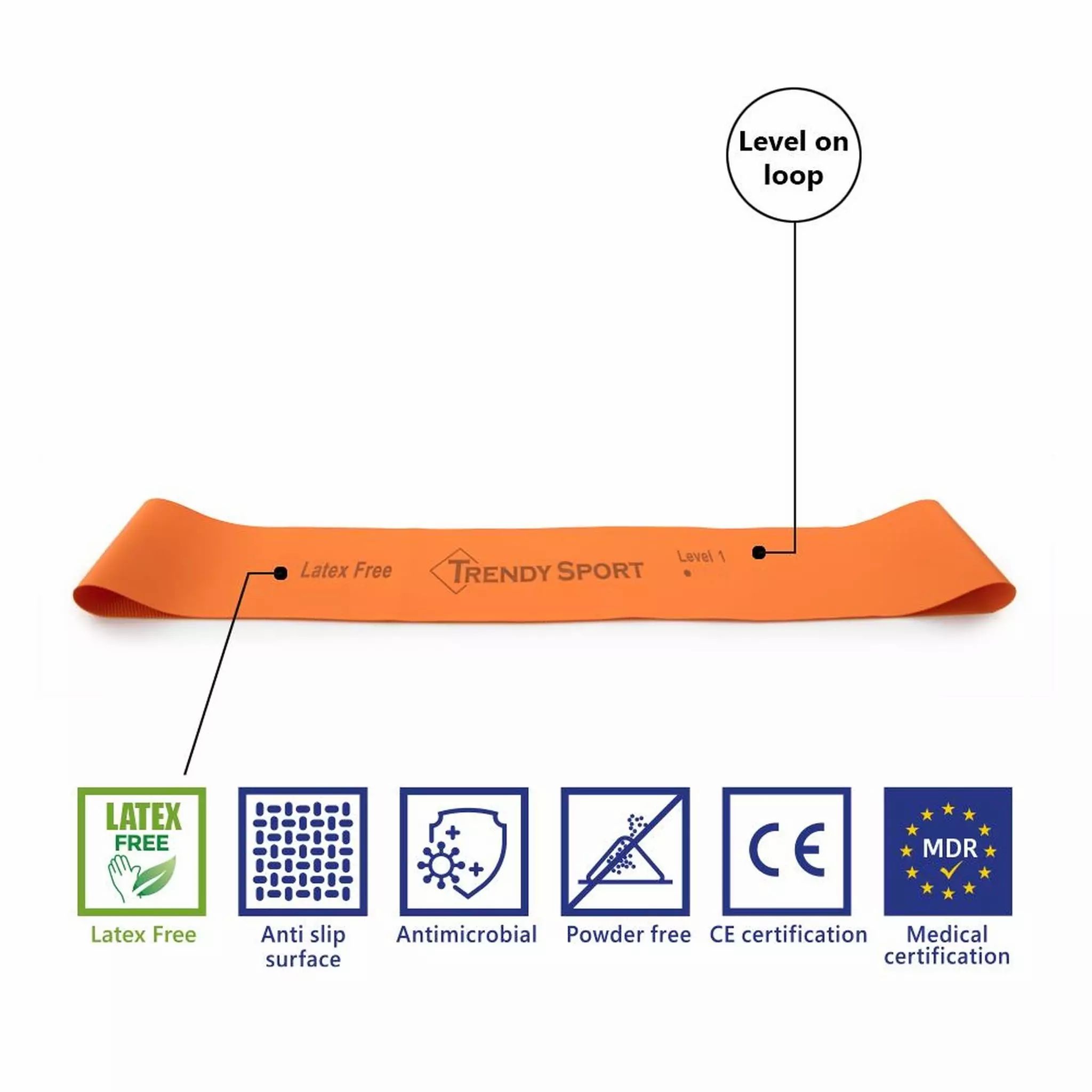 Orangefarbenes Widerstandsband mit 'TRENDY SPORT' Aufdruck. Latex- und puderfrei. Mit Zertifizierungen.