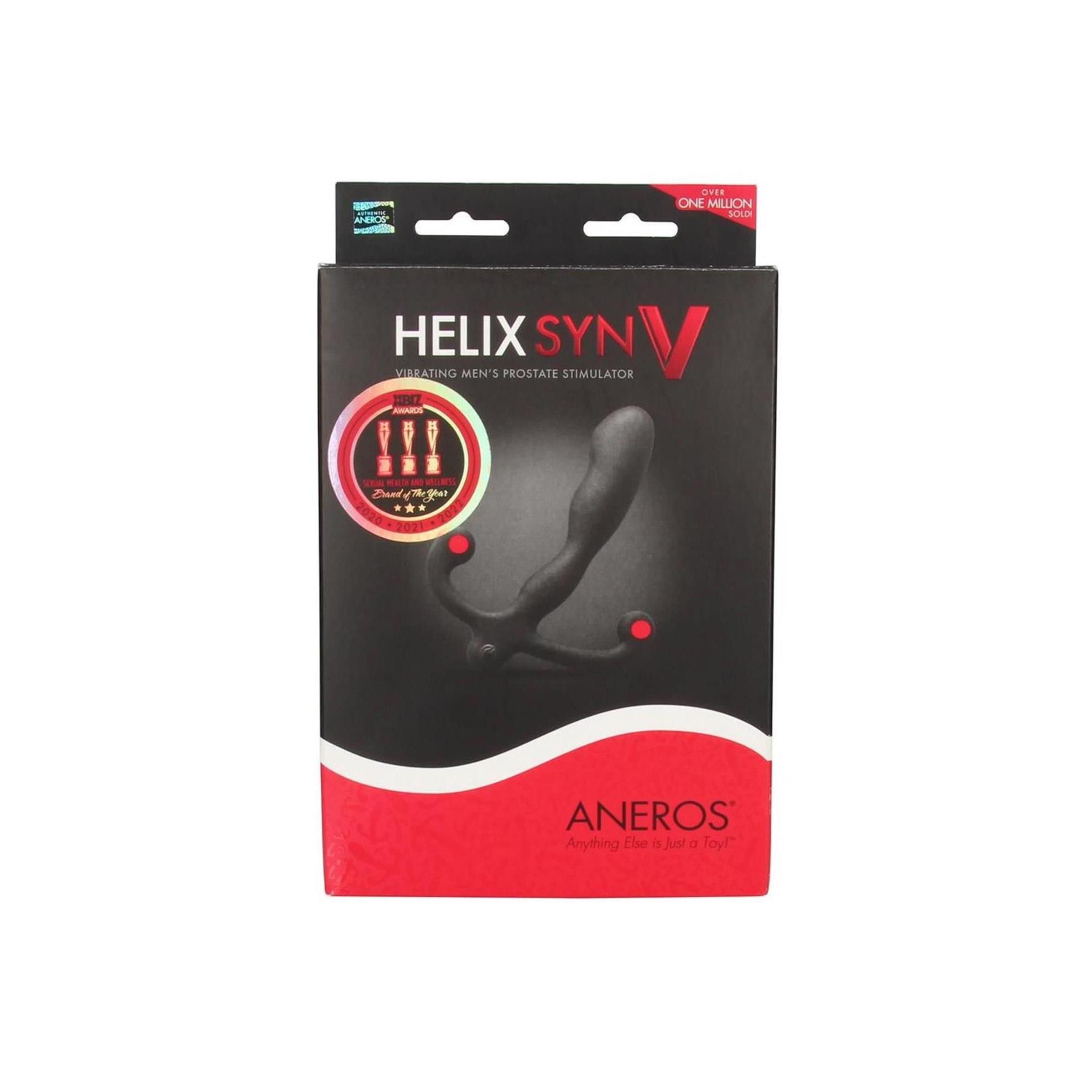 Schwarze Produktverpackung mit roter und schwarzer Schrift. Aufschrift: HELIX SYN V. Produktabbildung. Marke: Aneros.