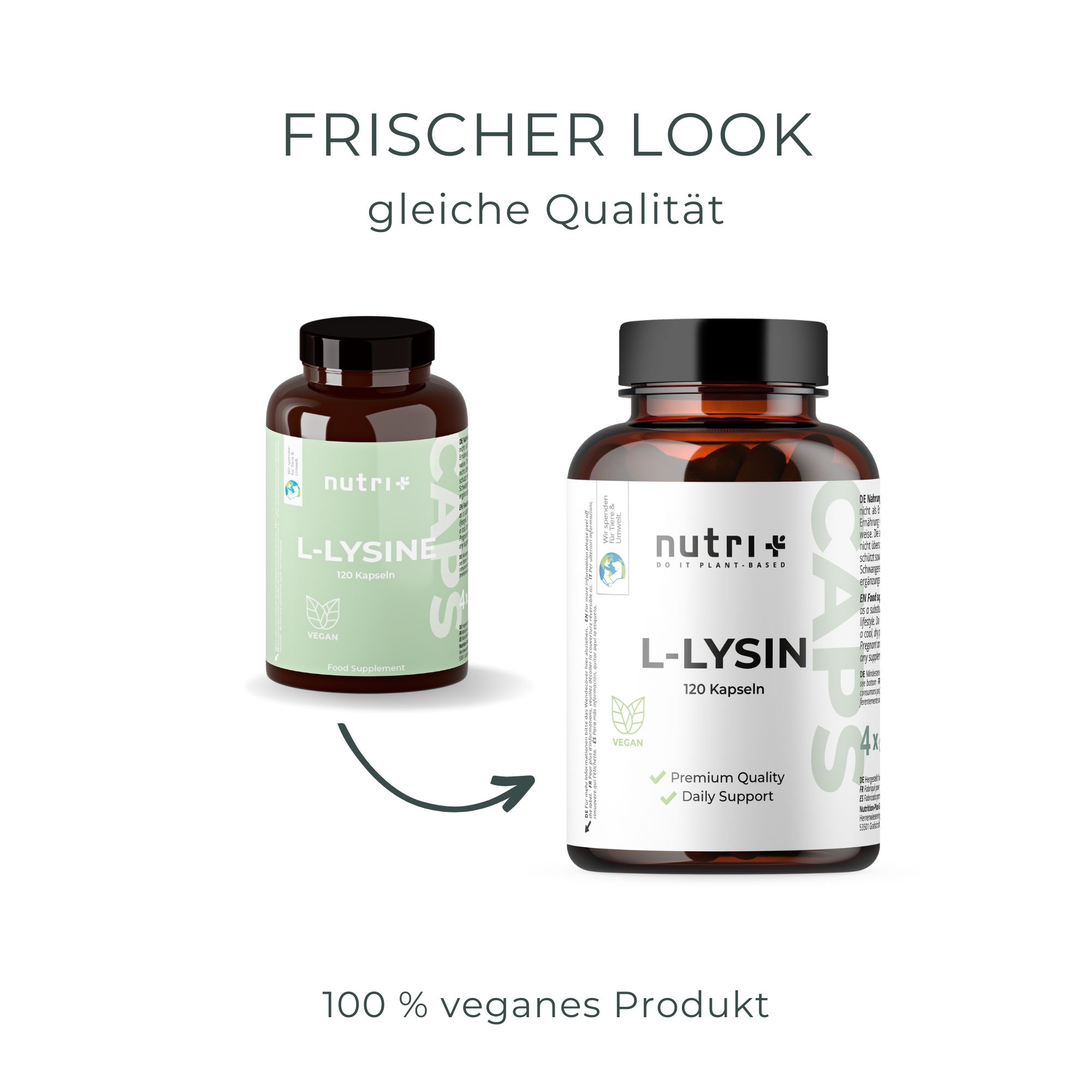 Vergleich: Alte und neue Verpackung von nutri+ L-Lysin Kapseln. Braune Flaschen, schwarze Deckel. 120 Kapseln. 100% veganes Produkt.