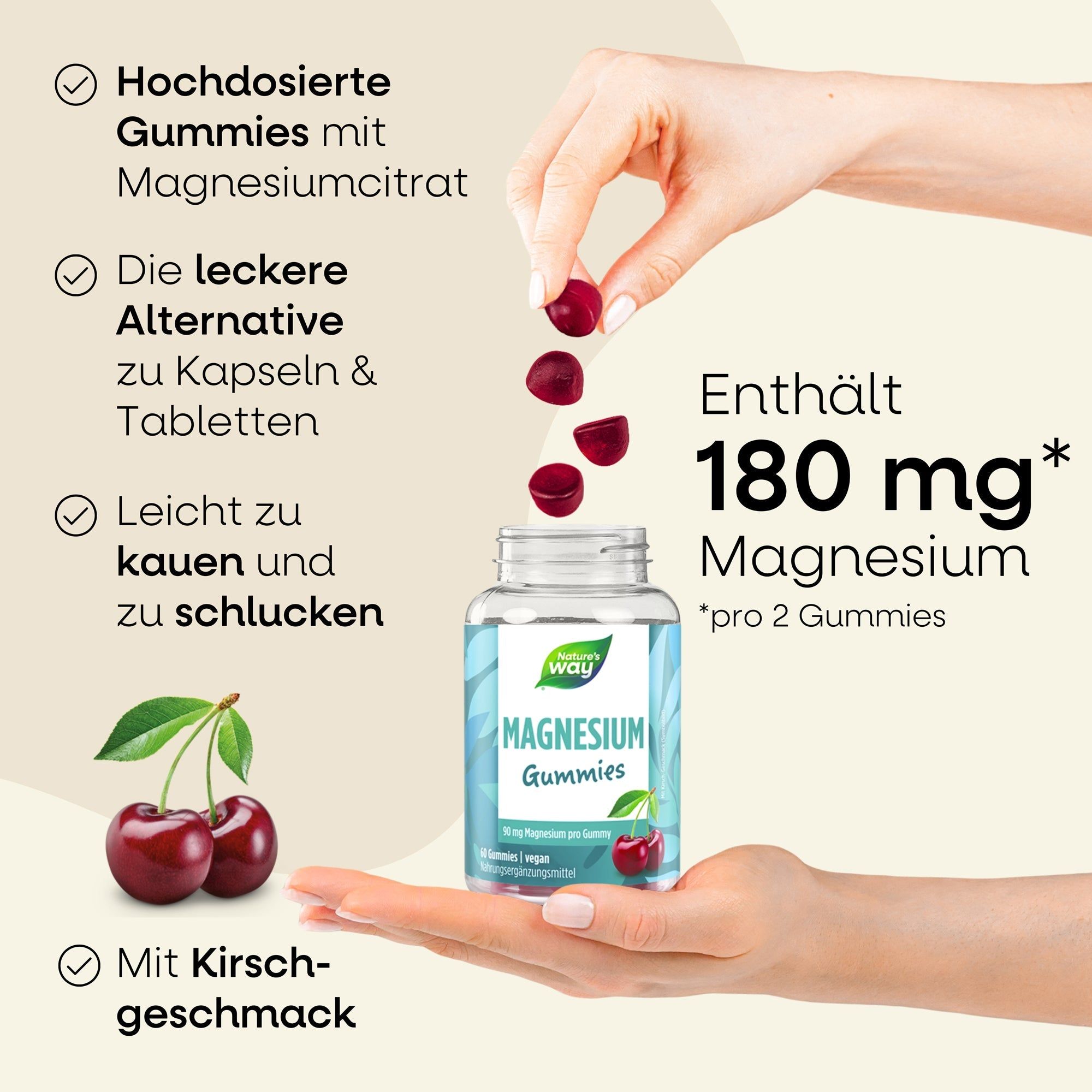 Nature's Way Magnesium Gummies - 90mg Magnesiumcitrat hochdosiert für Muskeln & Nerven 3x60 St Fruchtgummi