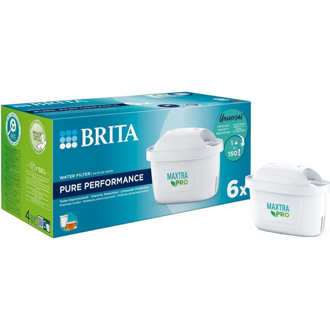 Verpackung mit sechs Wasserfiltern. Aufschrift: BRITA, MAXTRA PRO, Pure Performance. Filter sind weiß.