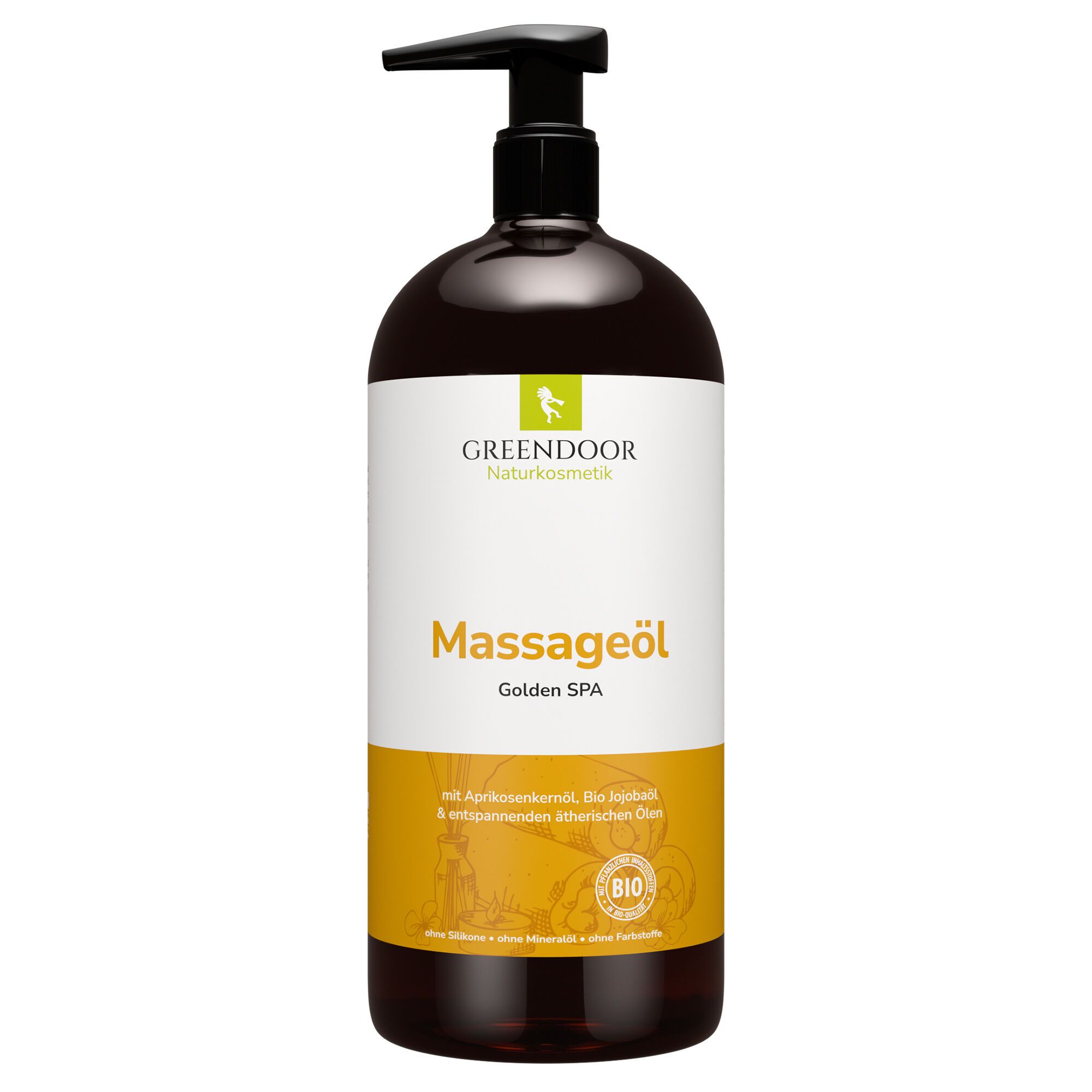 Braune Flasche mit schwarzem Pumpkopf. Aufschrift: Massageöl Golden Spa. Bio-Siegel.