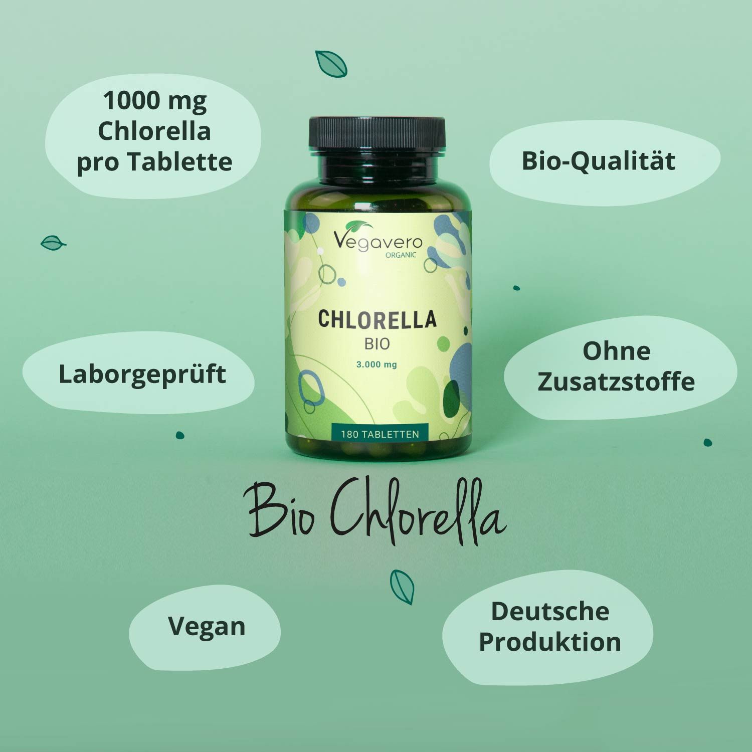 Grüne Tablettenflasche mit Aufschrift: Chlorella BIO 1.000 MG. Zusätze: Bio-Qualität, ohne Zusatzstoffe, vegan, deutsche Produktion.