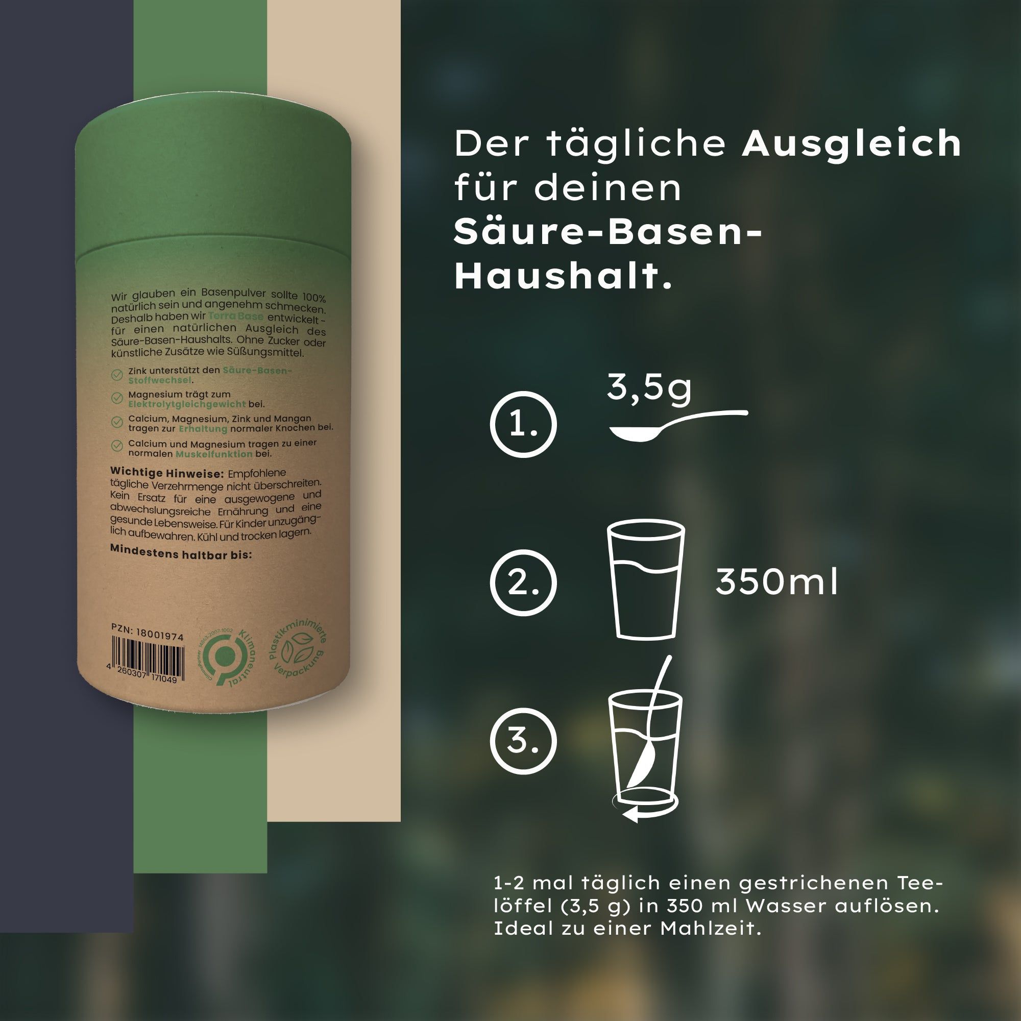 Zylindrische Dose mit Anweisungen zur Anwendung. Text: 3,5g Pulver in 350ml Wasser auflösen. Illustrationen: Löffel, Glas, Mischung.