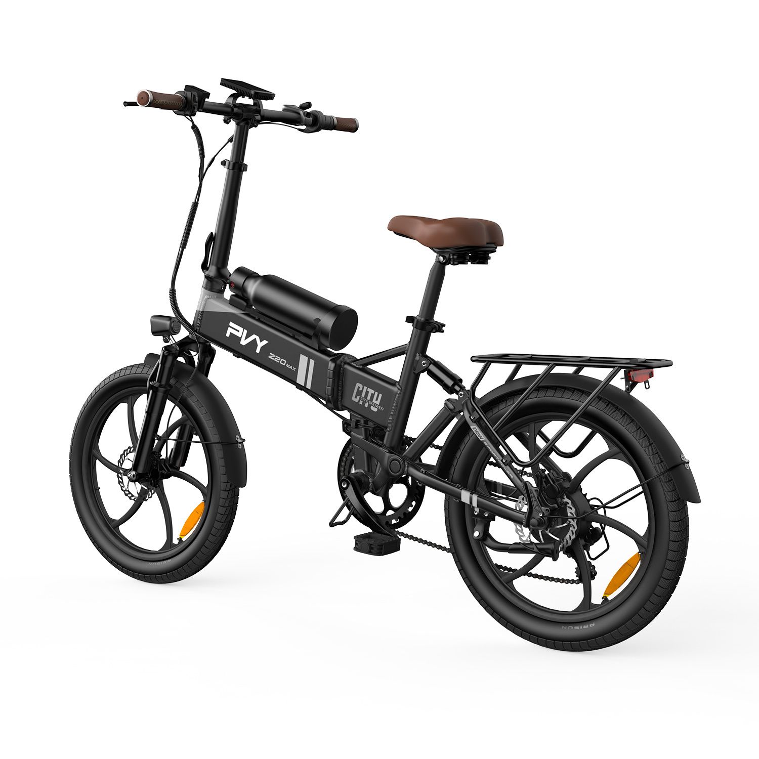 Schwarzes E-Bike mit braunem Sattel, Gepäckträger und Akku. PVY Z20 MAX Schriftzug.
