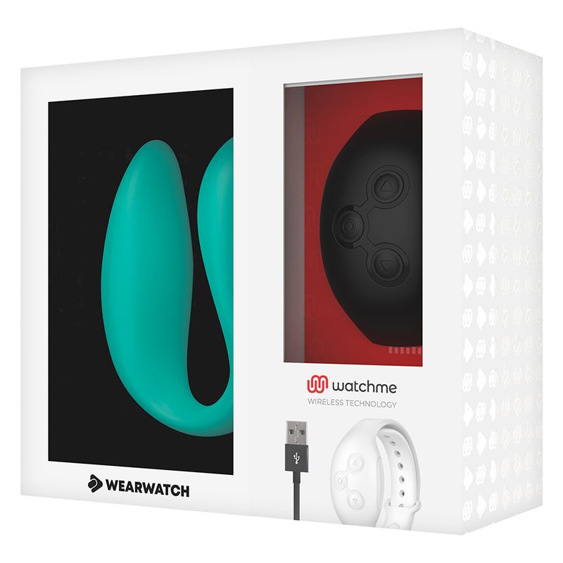 Verpackung mit türkisfarbenem Vibrator und schwarzer Armbanduhr. Marke: Wearwatch und watchme.