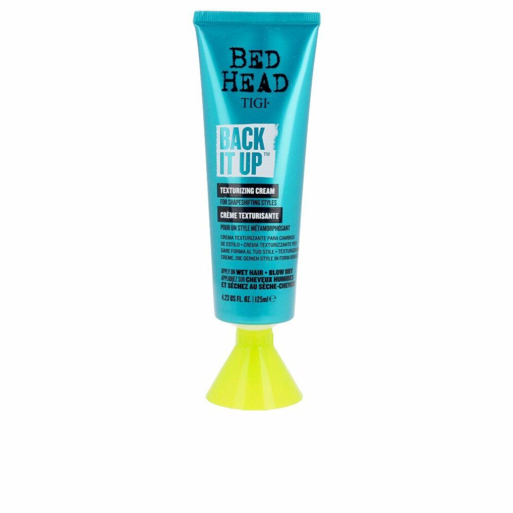 Türkisfarbene Tube mit gelbem Fuß. Aufschrift: Bed Head TIGI Back It Up Texturizing Cream. 125ml.