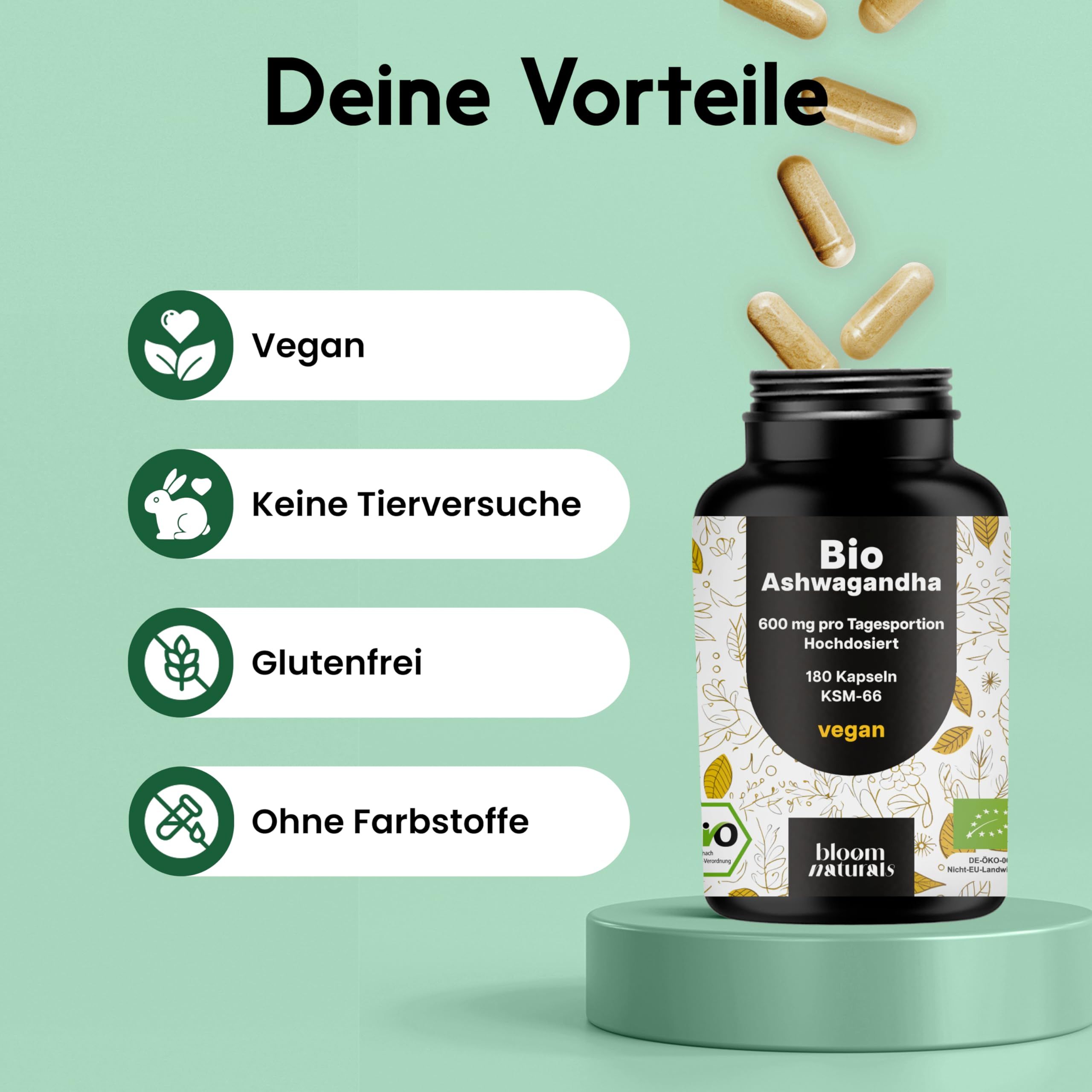 Schwarze Flasche mit Kapseln. Text: "Deine Vorteile". Vegan, ohne Tierversuche, glutenfrei, ohne Farbstoffe.