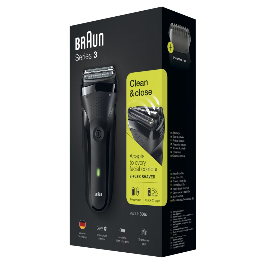 Verpackung eines schwarzen Braun Series 3 Elektrorasierers mit Schutzaufsatz und Ladeanzeige.