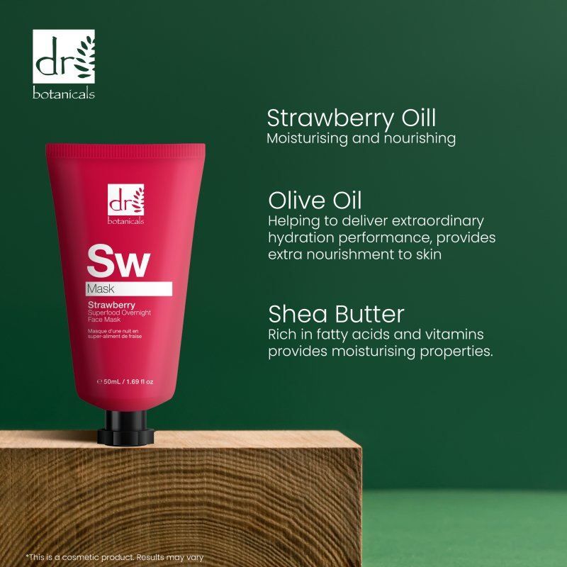 Rote Tube Dr. Botanicals Erdbeer-Gesichtsmaske neben Holzblock, mit Text über Erdbeeröl, Olivenöl und Sheabutter.