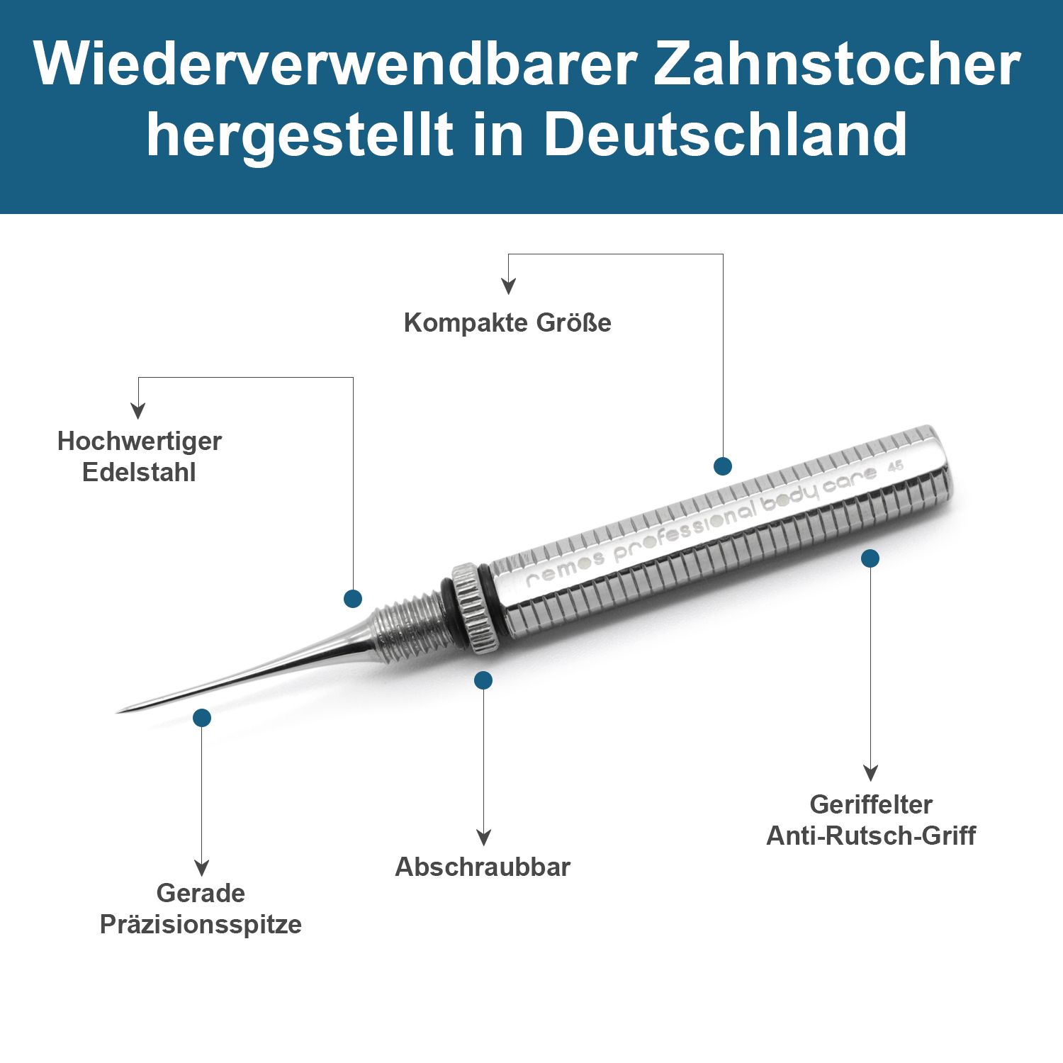 Wiederverwendbarer Edelstahl-Zahnstocher mit gerader Präzisionsspitze und geriffeltem Griff.