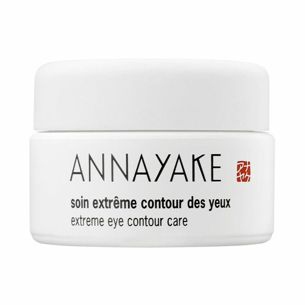 Weißer Tiegel mit Deckel. Aufschrift: ANNAYAKE, soin extrême contour des yeux, extreme eye contour care. Rotes Logo.
