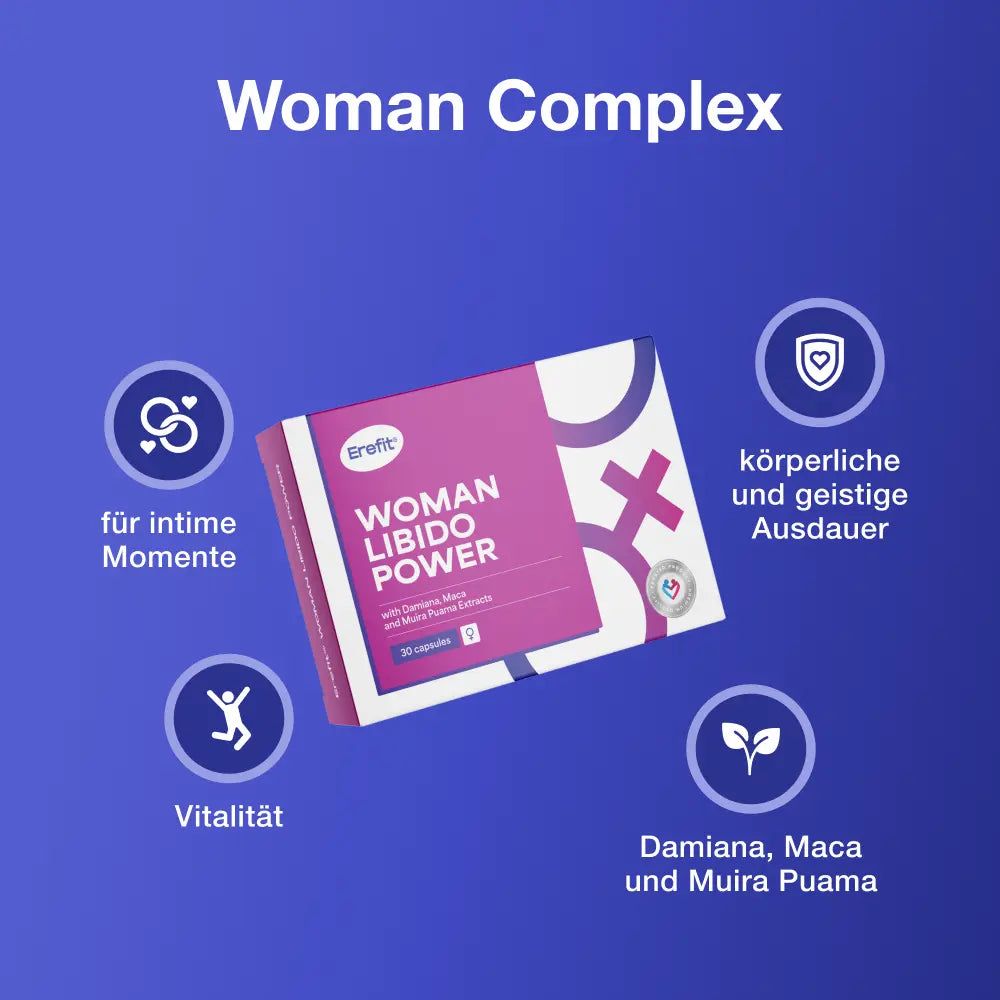 Produktverpackung mit Text: Woman Libido Power. Grafiken mit Icons für intime Momente, Vitalität, Ausdauer und Inhaltsstoffe.