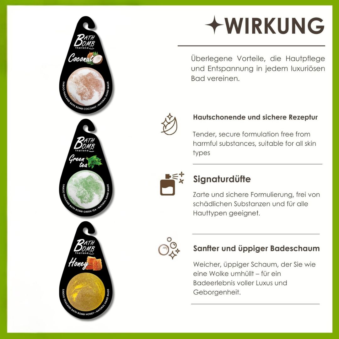Infografik: Vorteile der Badebomben. Hautpflege, sanfte Rezeptur, Signaturdüfte, üppiger Badeschaum. Text und Icons.