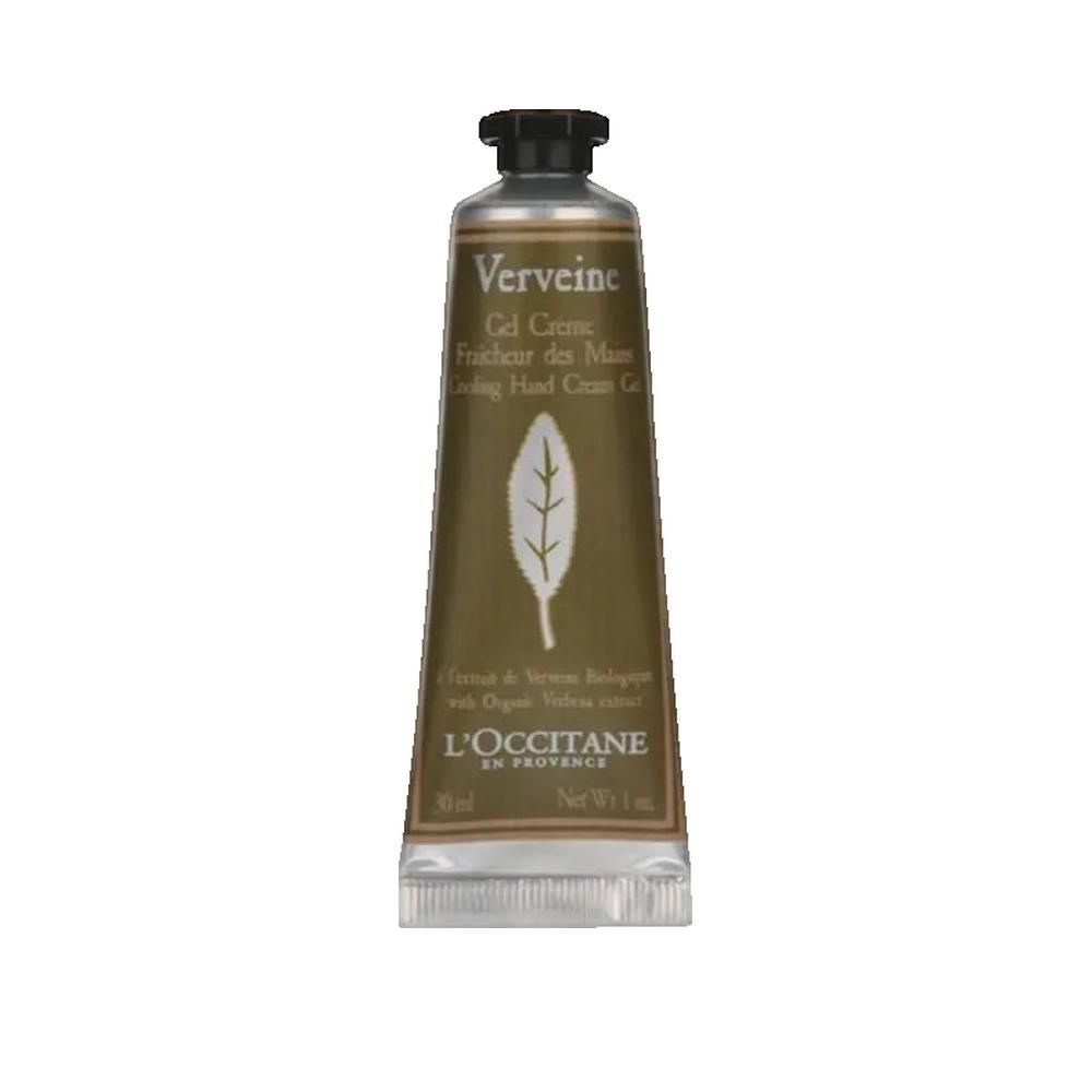 L'Occitane Verveine Handcreme in einer goldbraunen Tube mit schwarzem Deckel. Zeigt ein Blatt-Symbol und Produktinformationen.