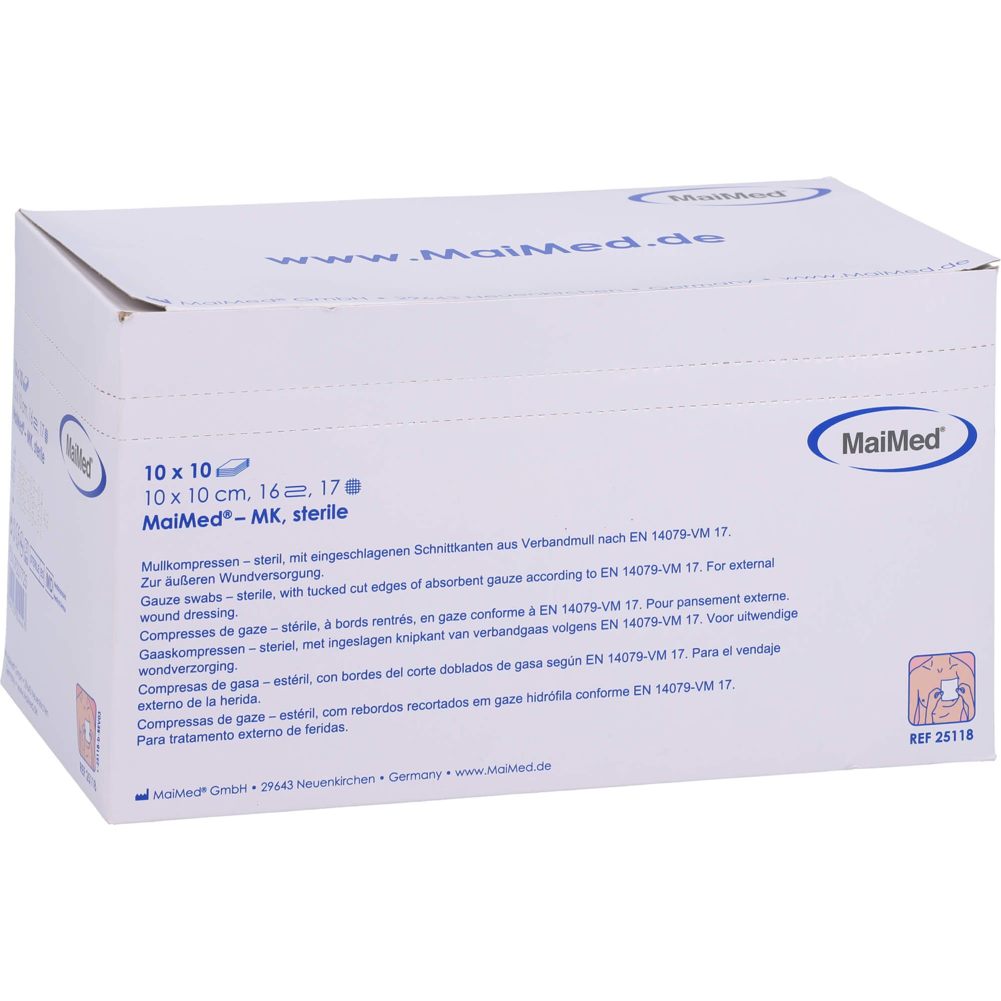 Weißer Karton mit Produktinformationen. Aufdruck: MaiMed, 10x10 cm, MK, steril. Text in mehreren Sprachen.
