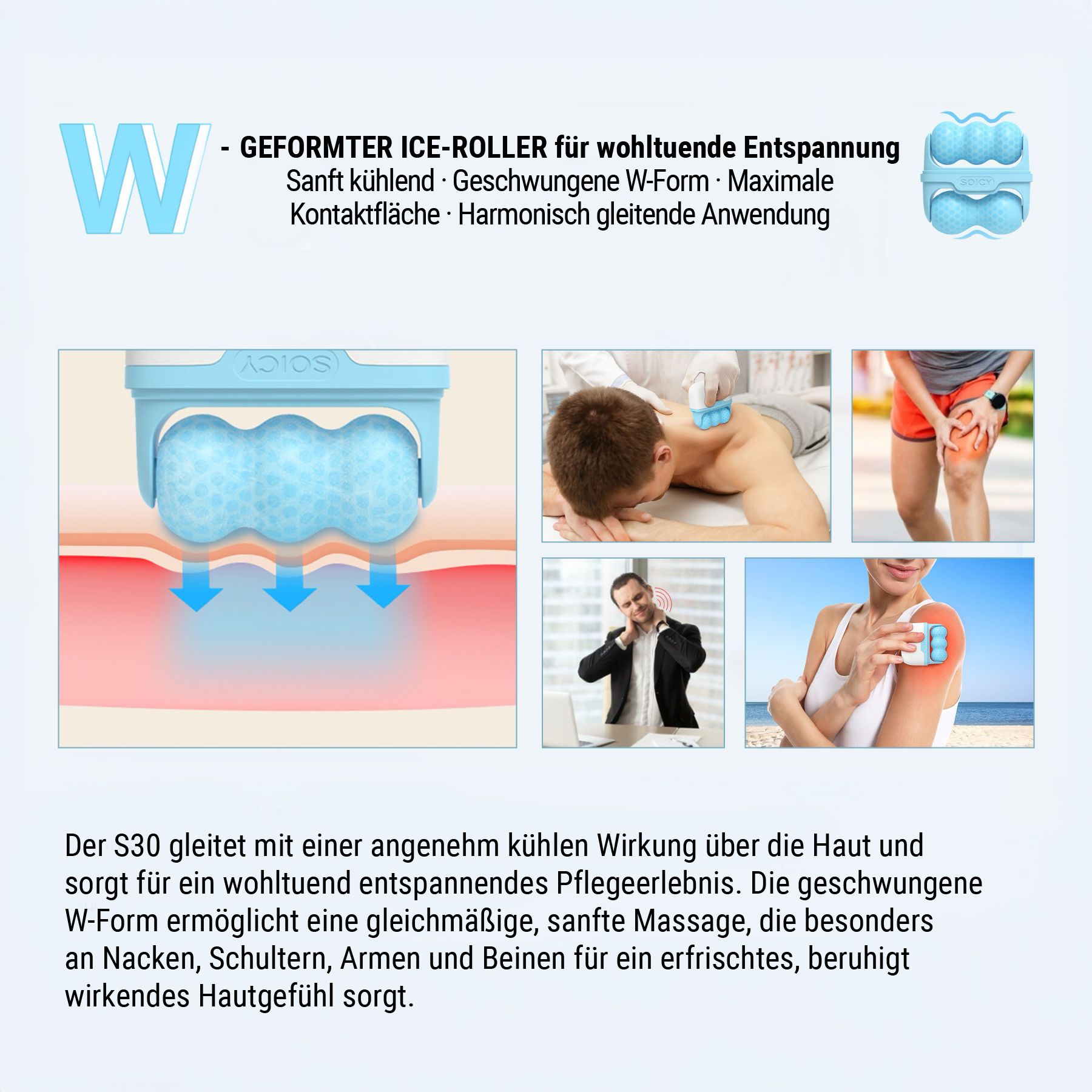 Personen verwenden blauen Ice-Roller. Weißes Gehäuse, blaue Kugeln. SOICY-Logo. Für Nacken, Schultern.