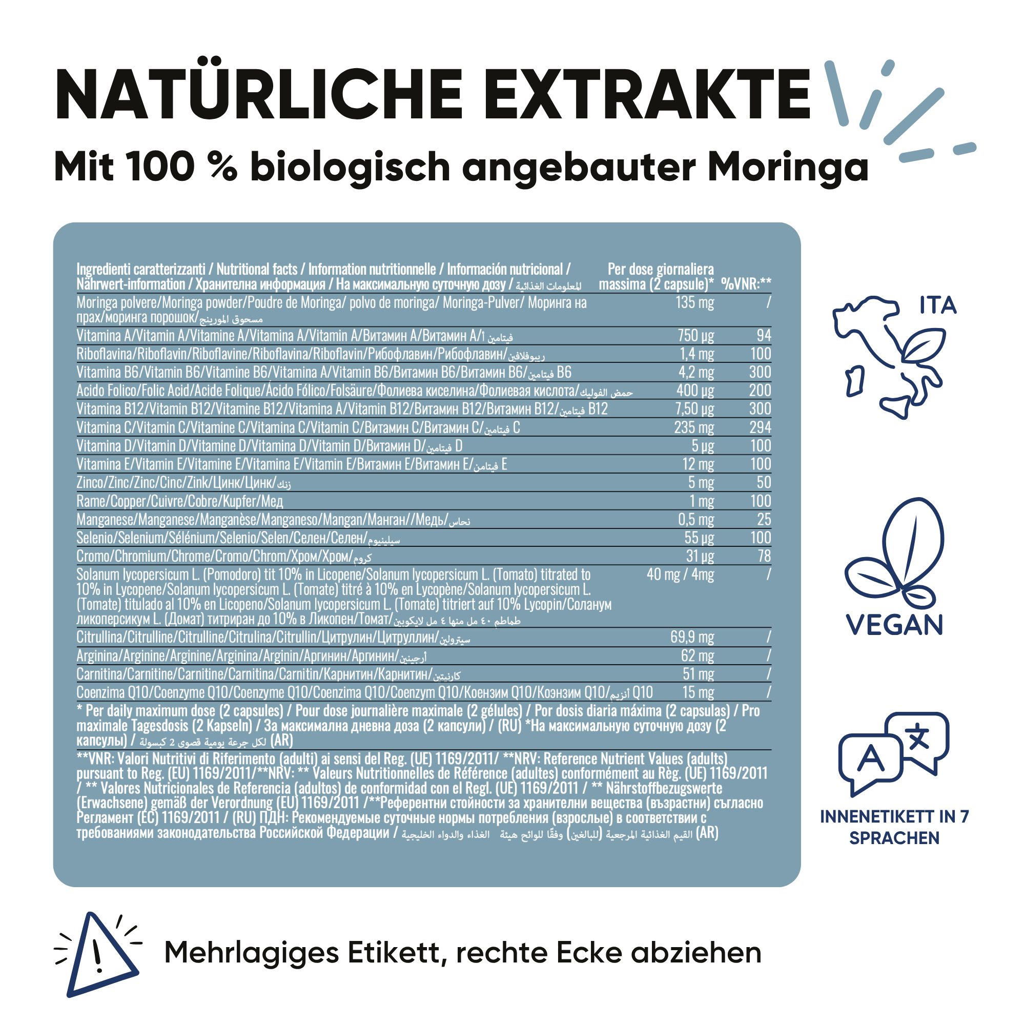 Nährwerttabelle mit Inhaltsstoffen. "Natürliche Extrakte", "Mit 100% biologisch angebauter Moringa".