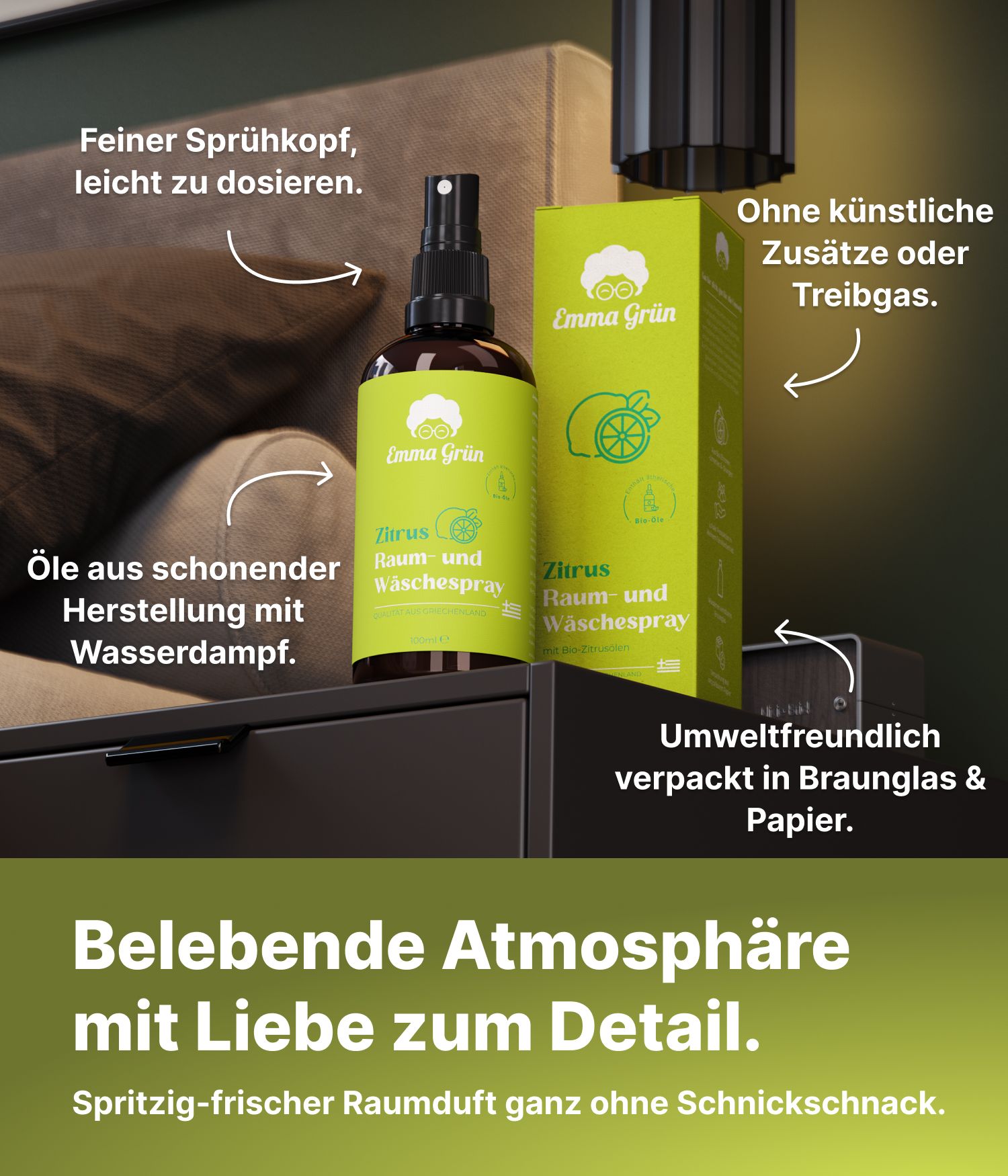 Flasche und Schachtel auf Nachttisch. Text: Feiner Sprühkopf, leicht zu dosieren. Ohne künstliche Zusätze. Umweltfreundlich verpackt.