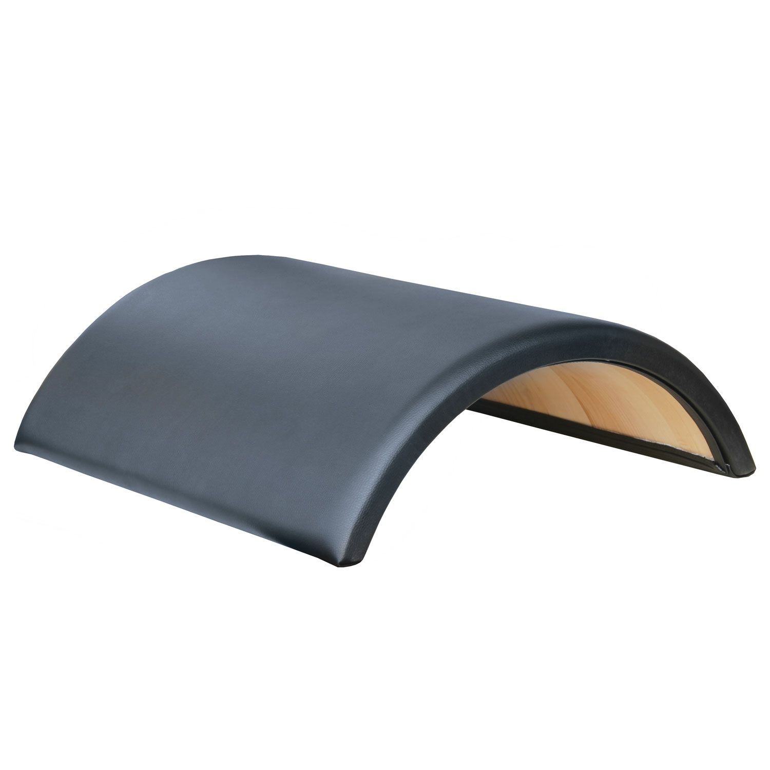Schwarzer, bogenförmiger Pilates-Arc-Barrel mit Holzbasis. Oberseite aus schwarzem Kunstleder, Unterseite aus hellem Holz.