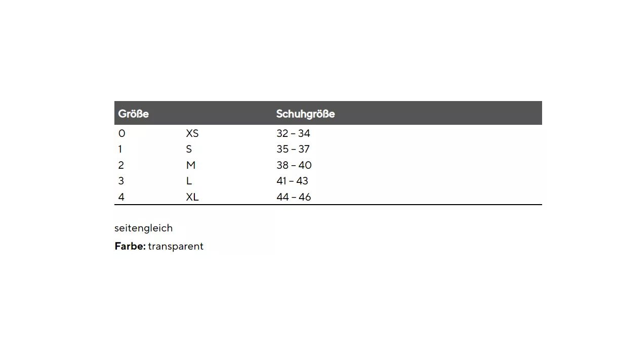 Größentabelle für Schuhe. Größen 0-4, XS-XL, Schuhgrößen 32-46. Farbe: transparent.