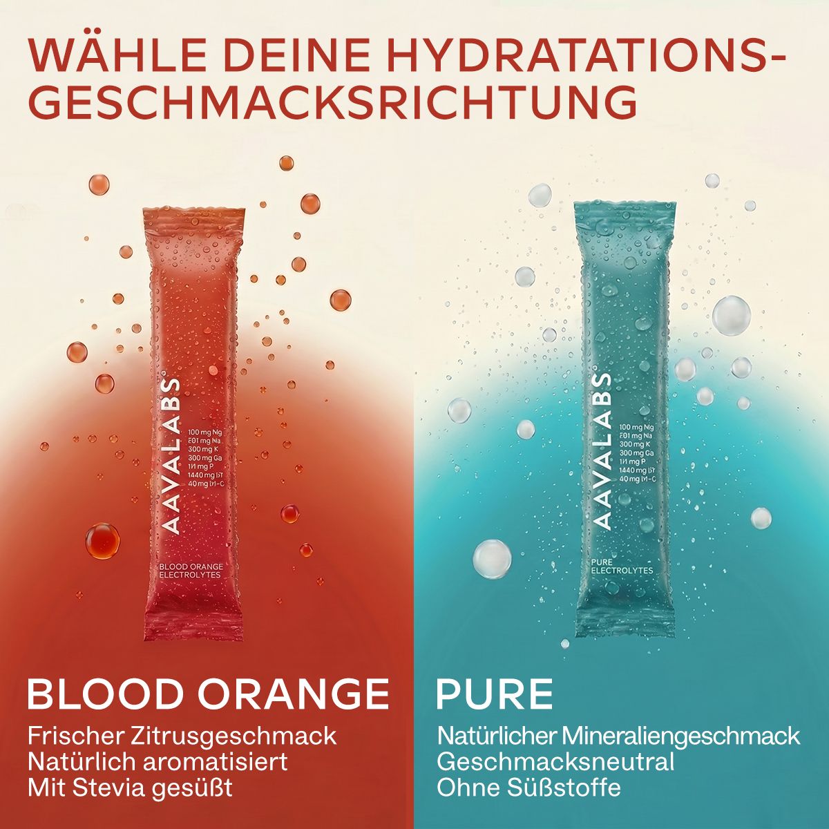 AAVALABS Elektrolyt Pulver, Icons für Vorteile, Blutorange.