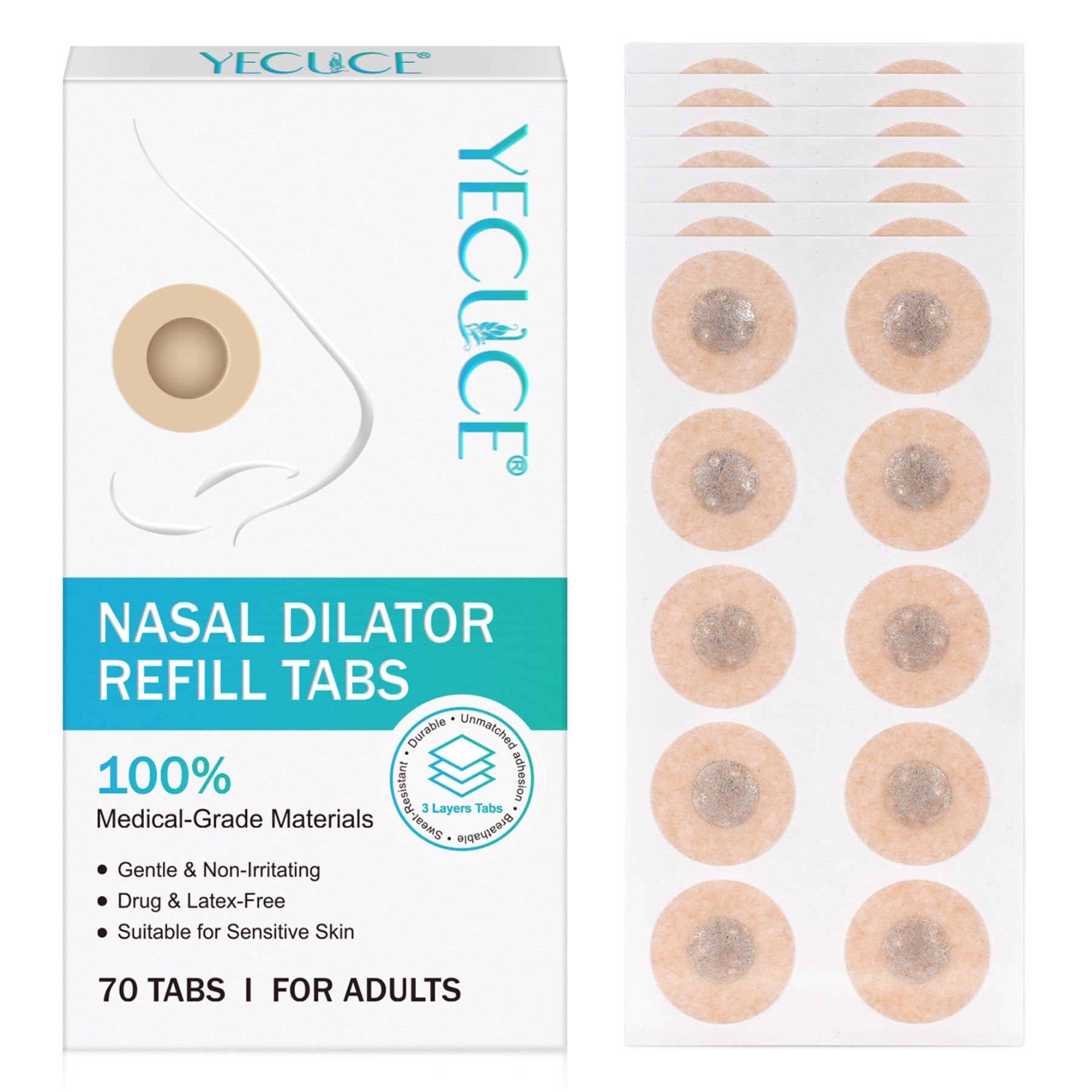 Confezione di cerotti nasali. Scritta: Nasal Dilator Refill Tabs. 70 linguette per adulti. Materiali di grado medico.