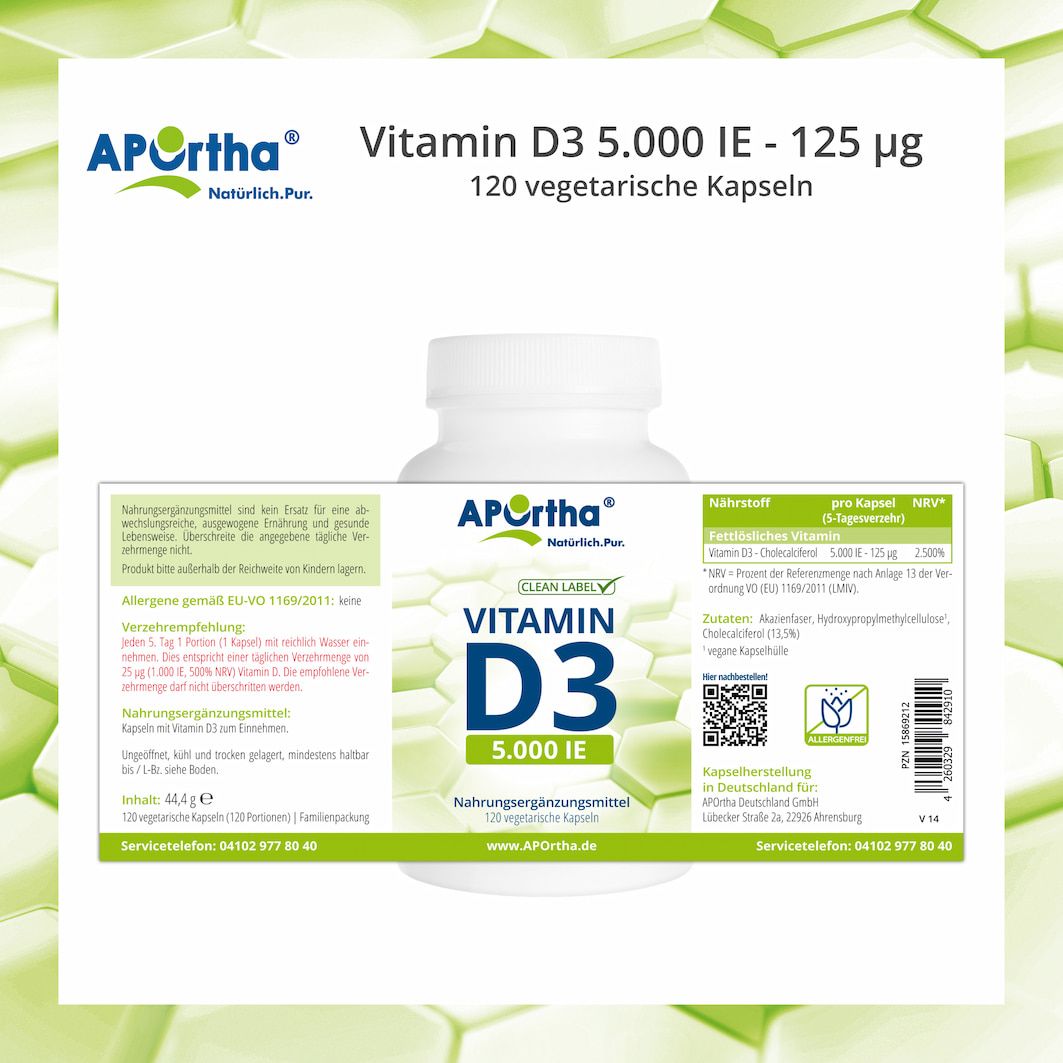 APOrtha Vitamin D3 Flasche mit Etikett. Enthält Informationen zu Inhaltsstoffen und Nährwerten. QR-Code sichtbar.