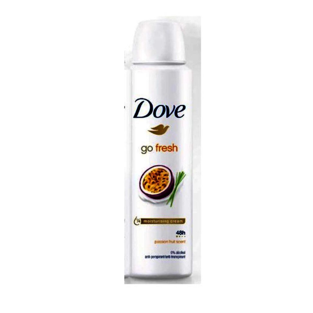 Weißes Deo mit weißem Deckel. Aufschrift Dove go fresh. Abbildung einer Passionsfrucht und Zitronengras. 48h Schutz.