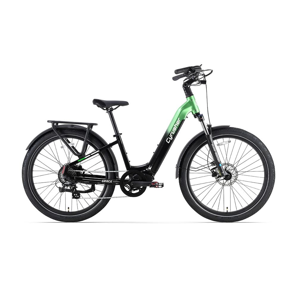 Schwarzes E-Bike mit grünen Akzenten. Gepäckträger, Schutzbleche und Scheibenbremsen. Marke: Cyrusher.
