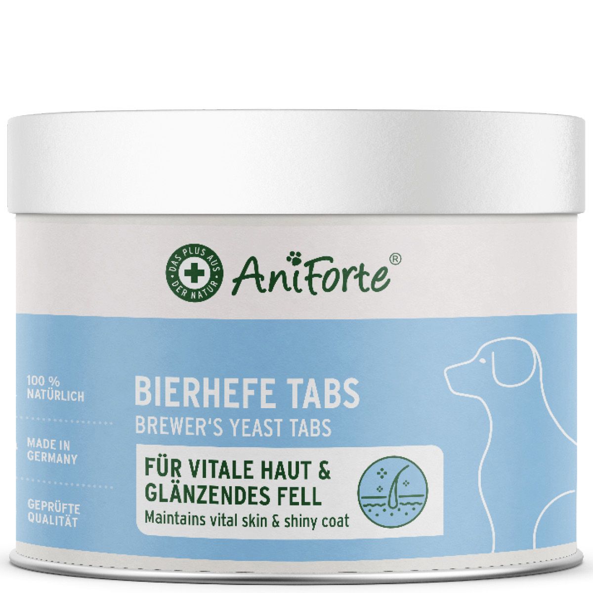 Weiße Dose mit blauem Deckel. Text: AniForte Bierhefe Tabs. Für vitale Haut & glänzendes Fell. 100% natürlich. Geprüfte Qualität.