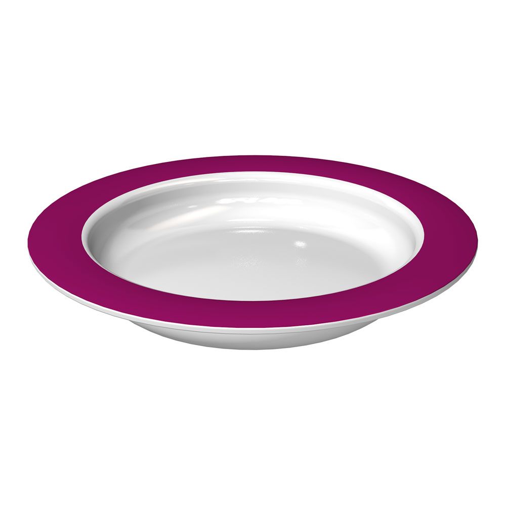 Teller mit weißer Innenfläche und violettem Rand. Perspektivische Ansicht.
