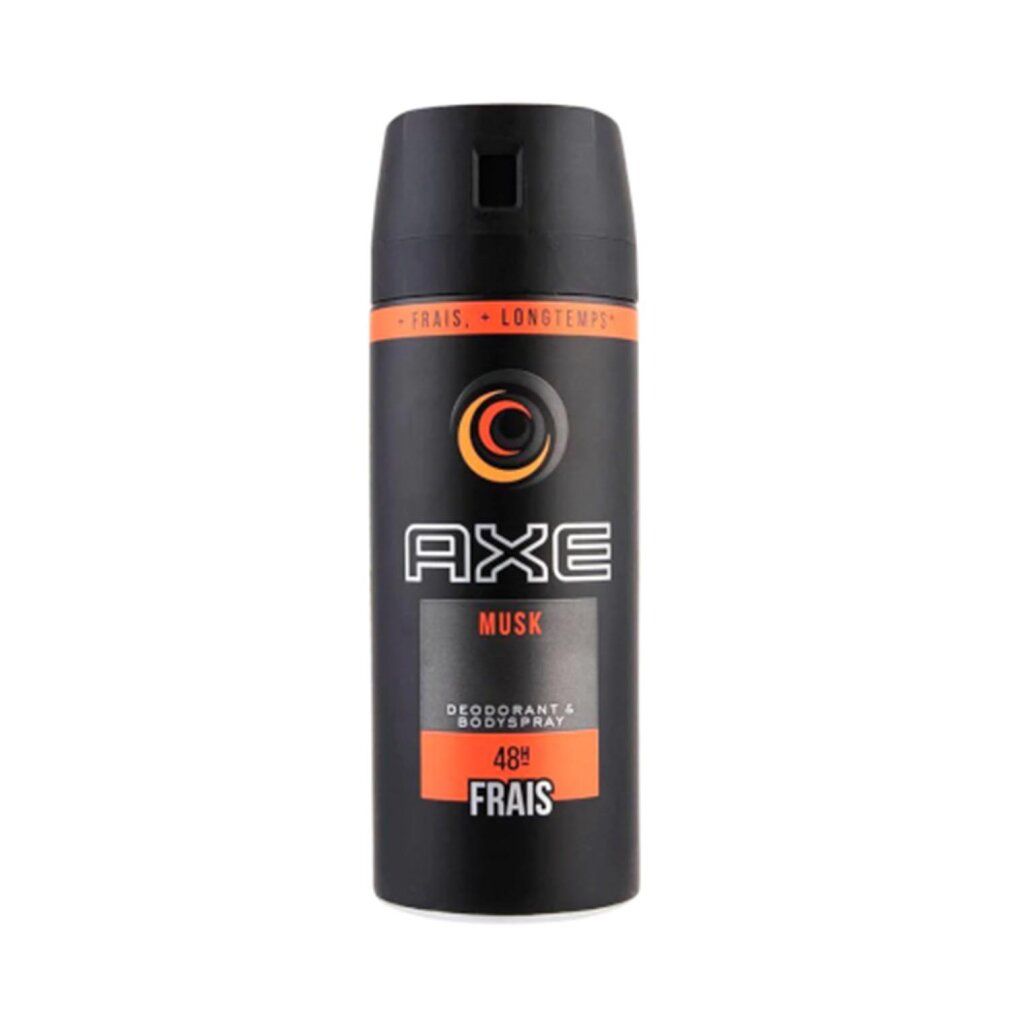 Schwarze Deospray-Dose mit orangefarbenen Akzenten. Das Logo 'AXE' und der Schriftzug 'Musk' sind deutlich sichtbar.