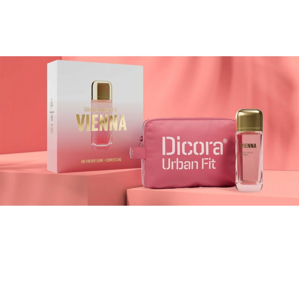 Rosa Kosmetiktasche und Flakon. Auf der Tasche steht "Dicora Urban Fit". Auf dem Flakon steht "Vienna". Eine Box mit "Vienna" Schriftzug.