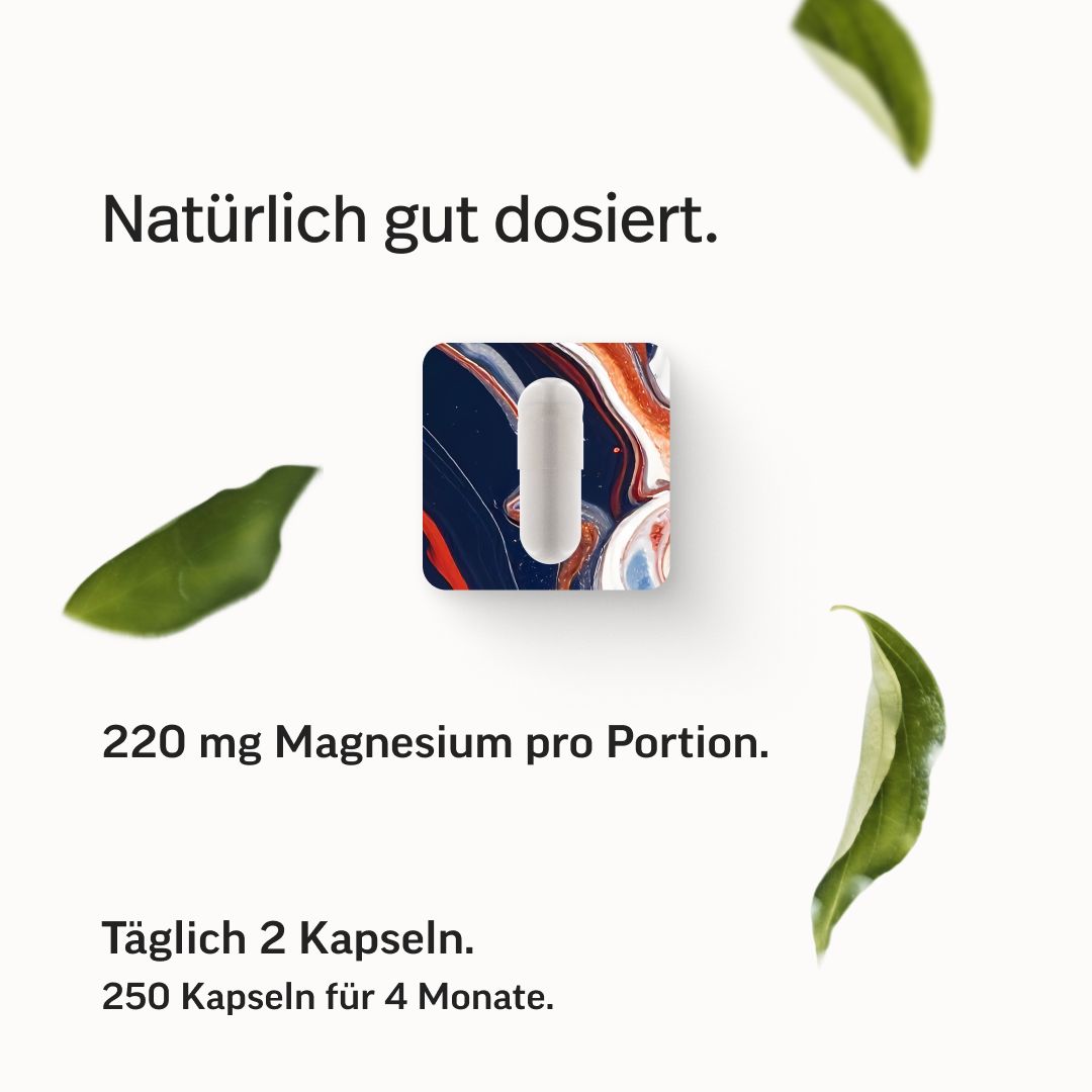 Eine Kapsel in einem bunten Behälter. 220 mg Magnesium pro Portion. Täglich 2 Kapseln.