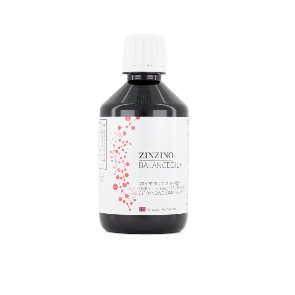 Braune Flasche mit weißem Deckel. Etikett mit "Zinzino BalanceOil+" und "Grapefruit Limette". Norwegisches Produkt.